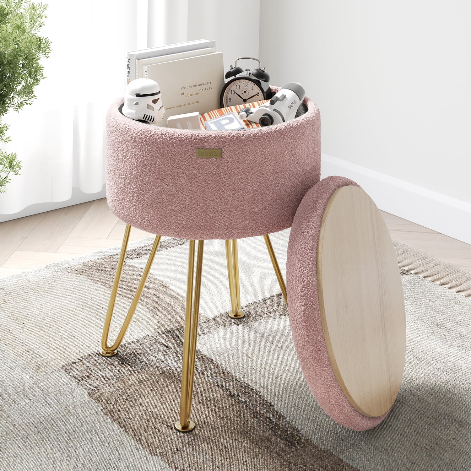 LammaLoe Small Round Ottoman with Storage, Boucle Ottoman Foot Stool with Lid, Upholstered Vanity Stool for Living Room & Bedroom, Pink
