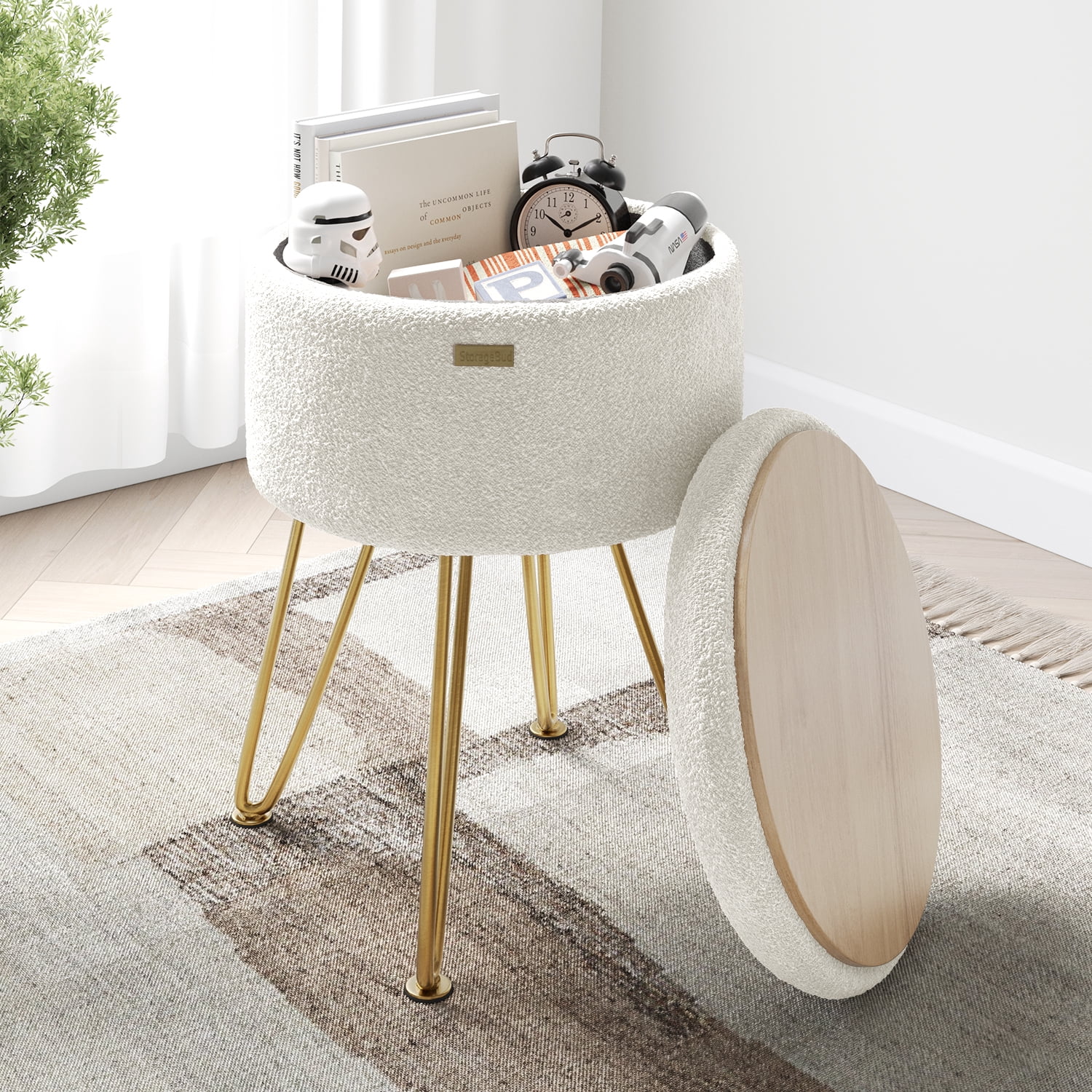 LammaLoe Small Round Ottoman with Storage, Boucle Ottoman Foot Stool with Lid, Upholstered Vanity Stool for Living Room & Bedroom, White