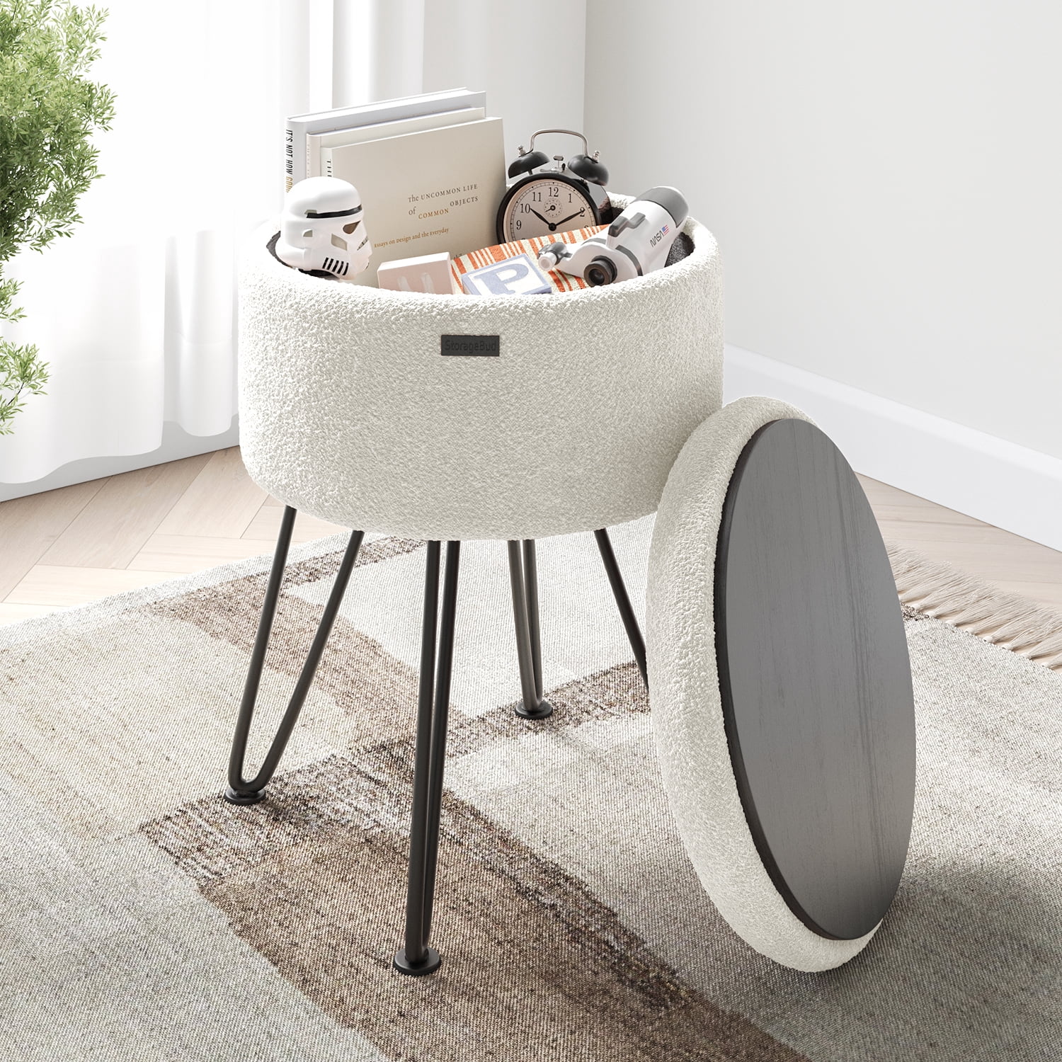 LammaLoe Small Round Ottoman with Storage, Boucle Ottoman Foot Stool with Lid, Upholstered Vanity Stool for Living Room & Bedroom, White