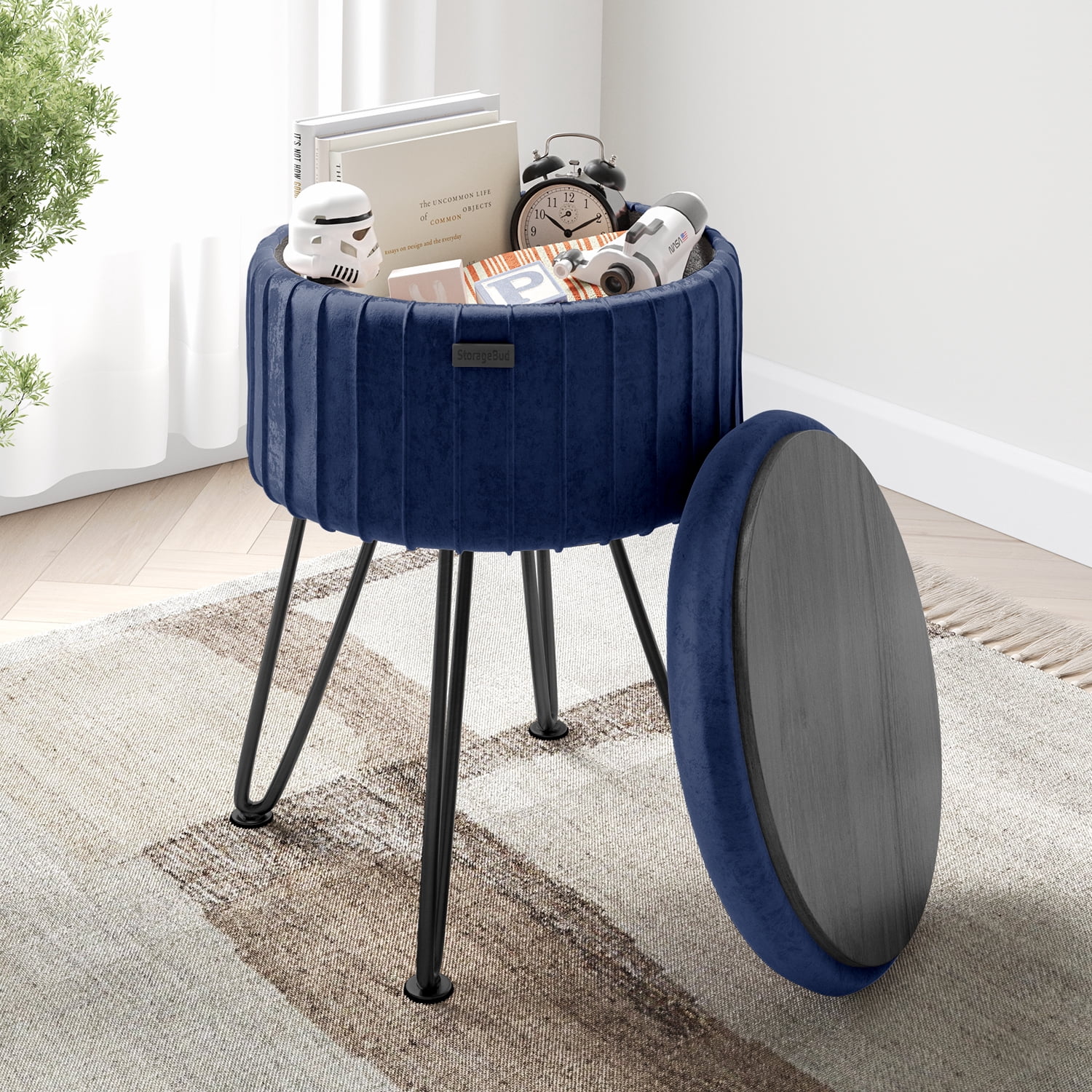 LammaLoe Small Round Ottoman with Storage, Pleated Velvet Ottoman Foot Stool with Lid, Upholstered Vanity Stool for Living Room & Bedroom, Blue