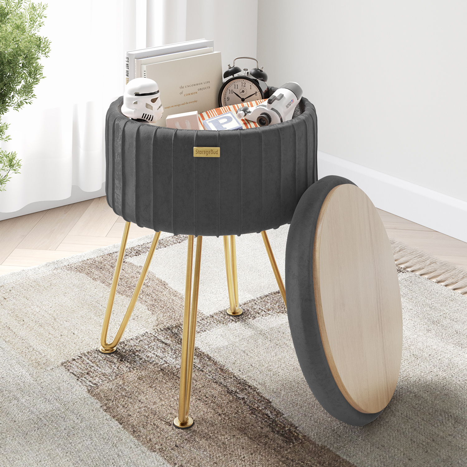 LammaLoe Small Round Ottoman with Storage, Pleated Velvet Ottoman Foot Stool with Lid, Upholstered Vanity Stool for Living Room & Bedroom, Gray