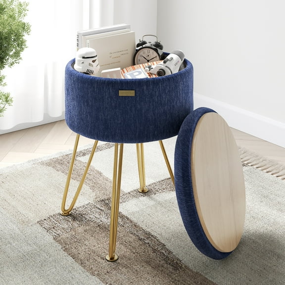 LammaLoe Small Round Ottoman with Storage, Textured Velvet Ottoman Foot Stool with Lid, Upholstered Vanity Stool for Living Room & Bedroom, Blue