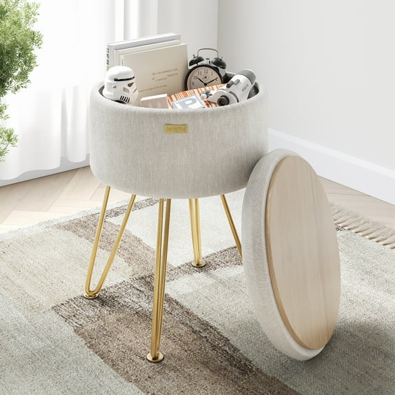 LammaLoe Small Round Ottoman with Storage, Textured Velvet Ottoman Foot Stool with Lid, Upholstered Vanity Stool for Living Room & Bedroom, Cream