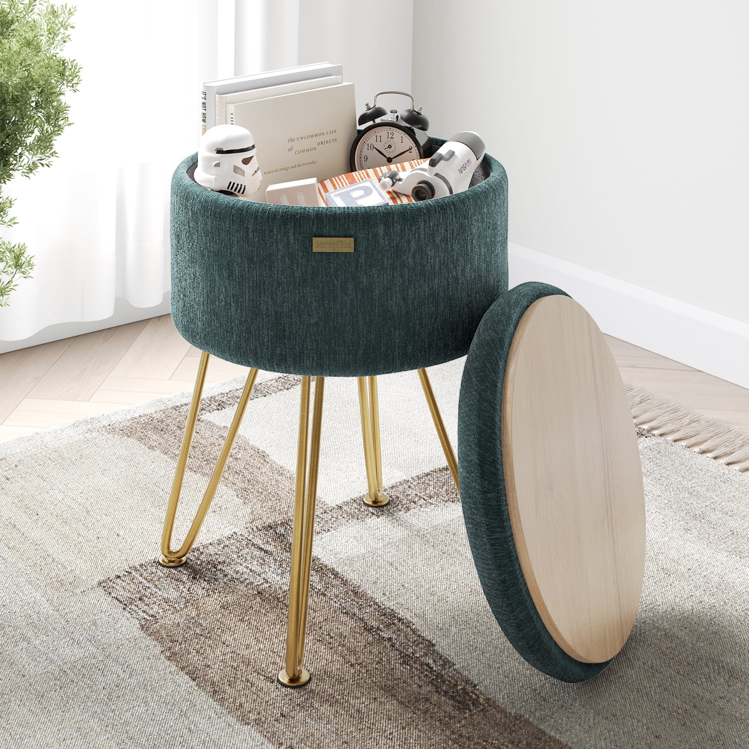 LammaLoe Small Round Ottoman with Storage, Textured Velvet Ottoman Foot Stool with Lid, Upholstered Vanity Stool for Living Room & Bedroom, Green