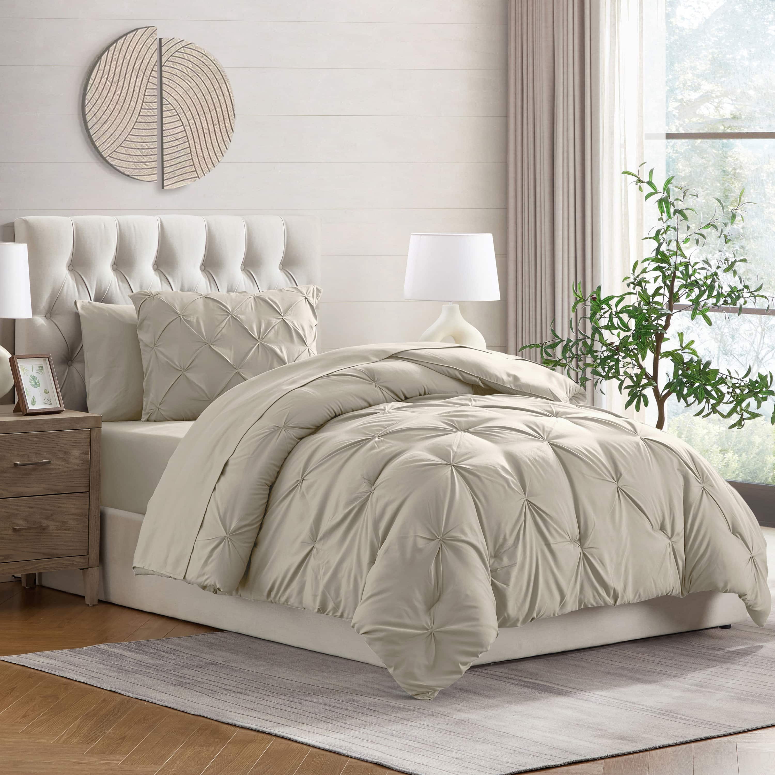 LammaLoe Twin Comforter Sets, 5 Piece Bed In A Bag Pintuck Bedding Sets, Beige