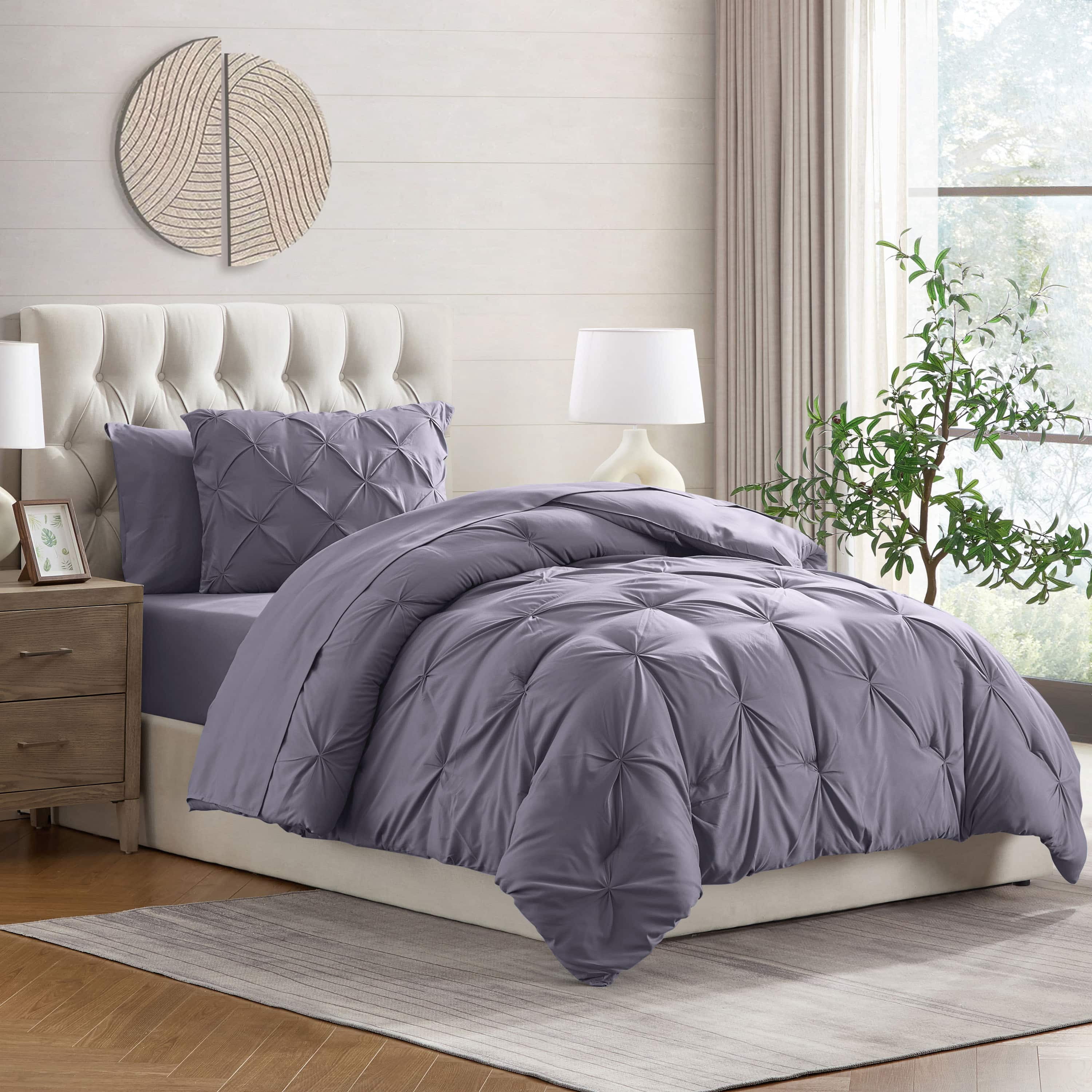 LammaLoe Twin Comforter Sets, 5 Piece Bed In A Bag Pintuck Bedding Sets, Dusty Purple