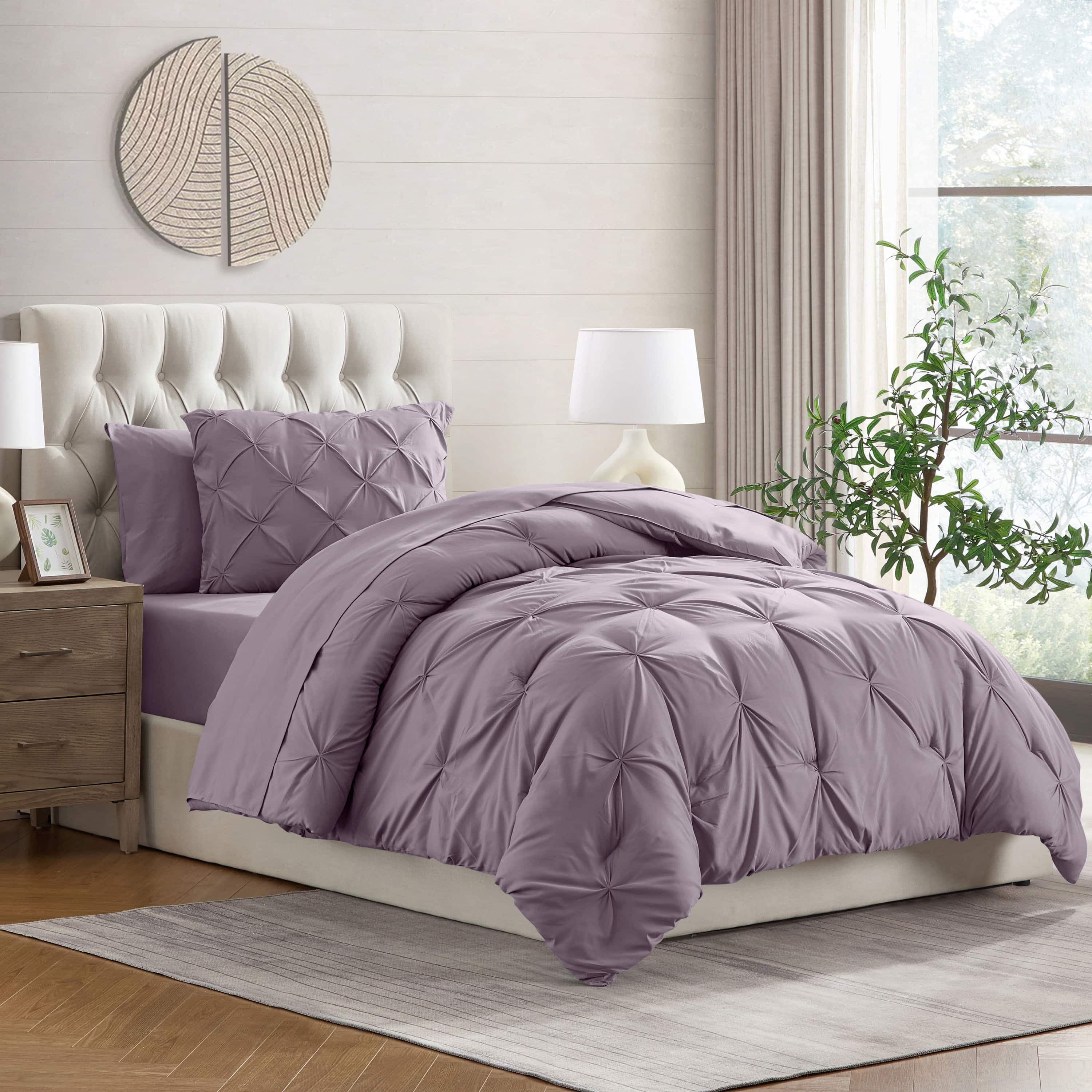 LammaLoe Twin Comforter Sets, 5 Piece Bed In A Bag Pintuck Bedding Sets, Grayish Purple