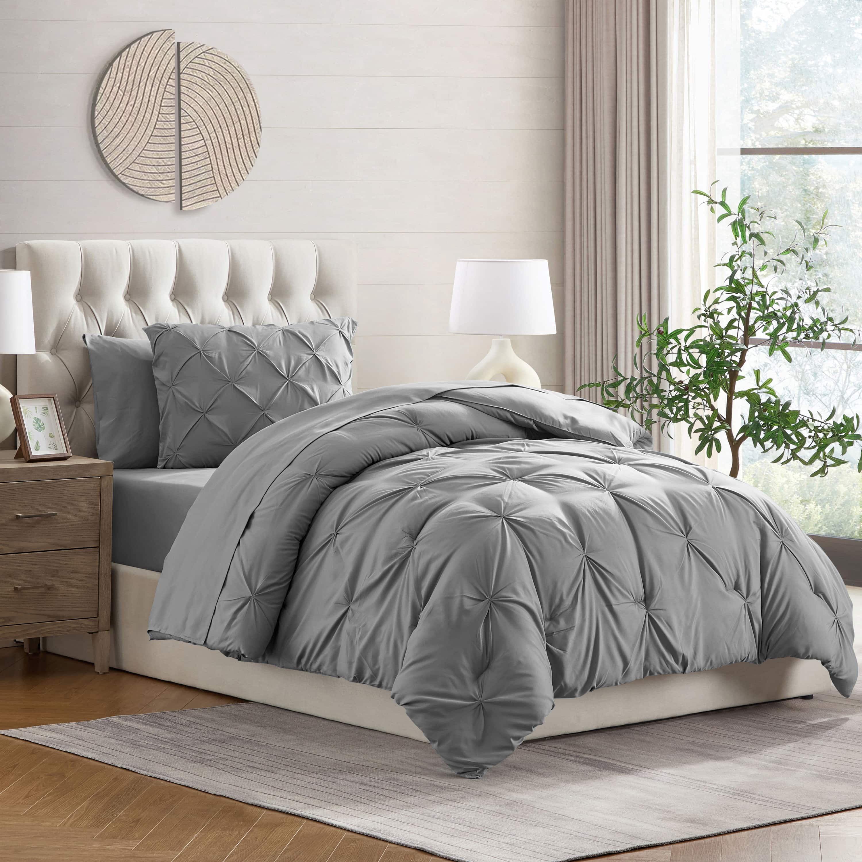LammaLoe Twin Comforter Sets, 5 Piece Bed In A Bag Pintuck Bedding Sets, Grey