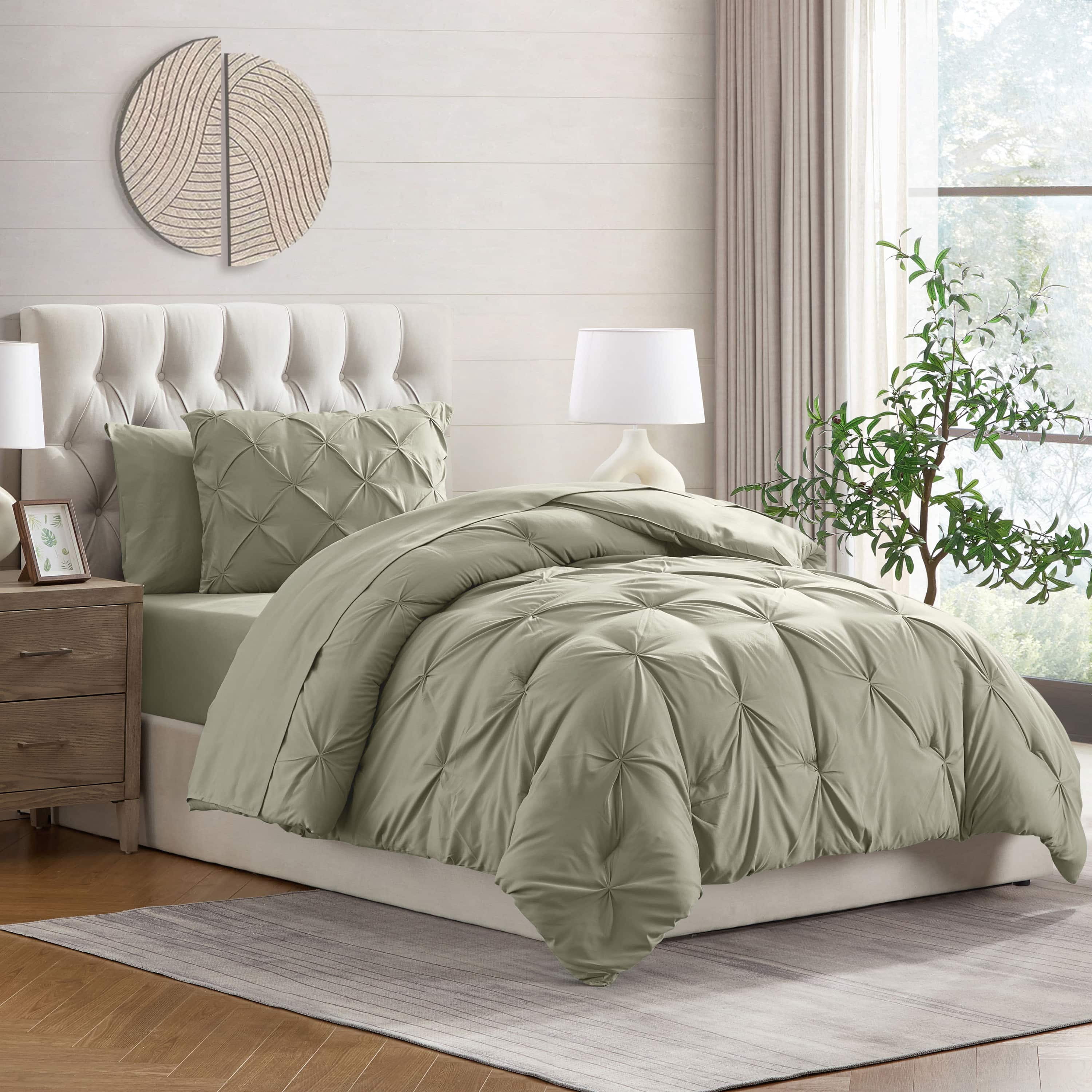 LammaLoe Twin Comforter Sets, 5 Piece Bed In A Bag Pintuck Bedding Sets, Light Sage