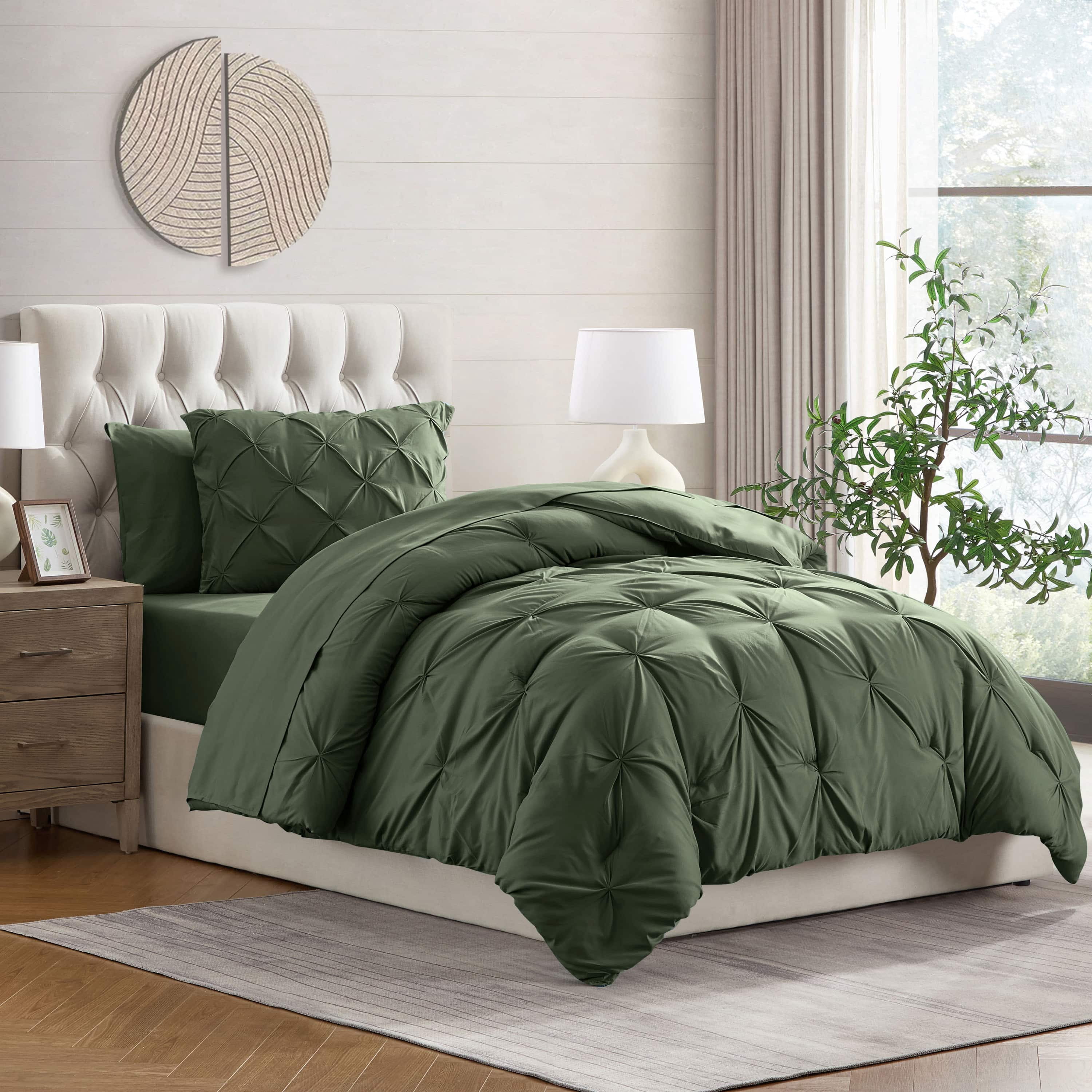 LammaLoe Twin Comforter Sets, 5 Piece Bed In A Bag Pintuck Bedding Sets, Olive Green