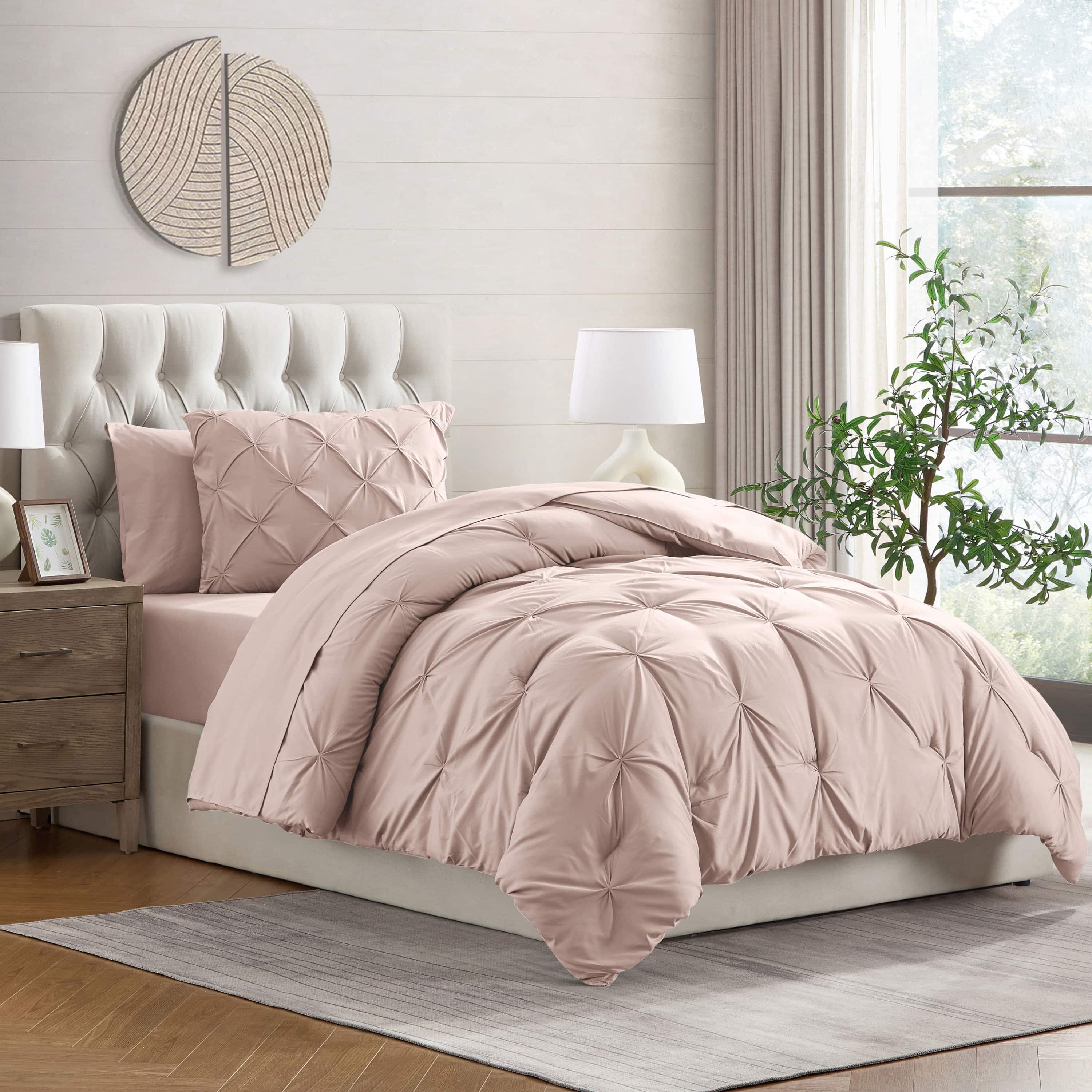 LammaLoe Twin Comforter Sets, 5 Piece Bed In A Bag Pintuck Bedding Sets, Peach Beige