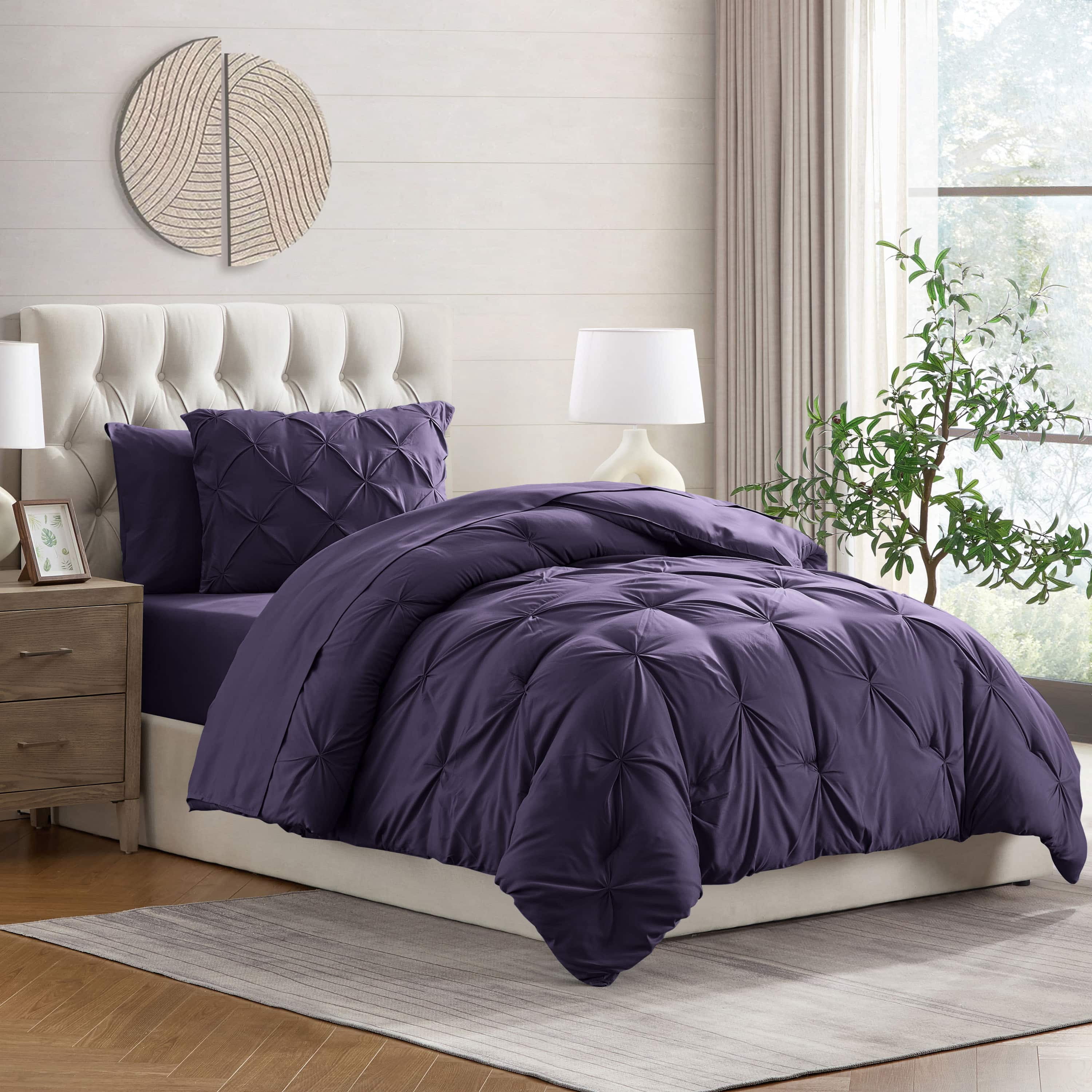 LammaLoe Twin Comforter Sets, 5 Piece Bed In A Bag Pintuck Bedding Sets, Purple