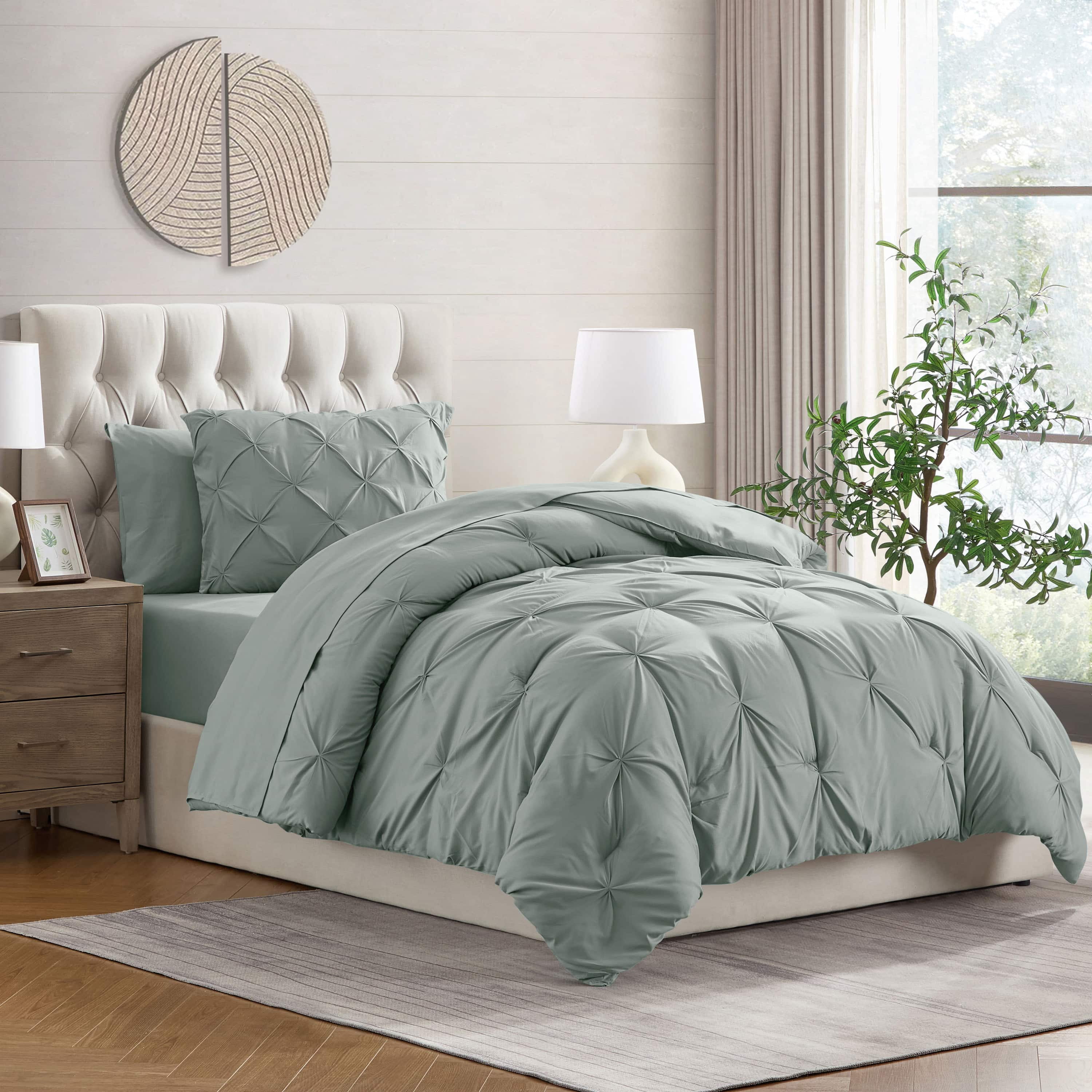 LammaLoe Twin Comforter Sets, 5 Piece Bed In A Bag Pintuck Bedding Sets, Sage Green