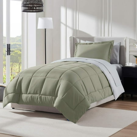 LammaLoe Twin Comforter Set, With Sheets, Reversible Bed In A Bag 5 Piece, Bedding Set, Light Sage