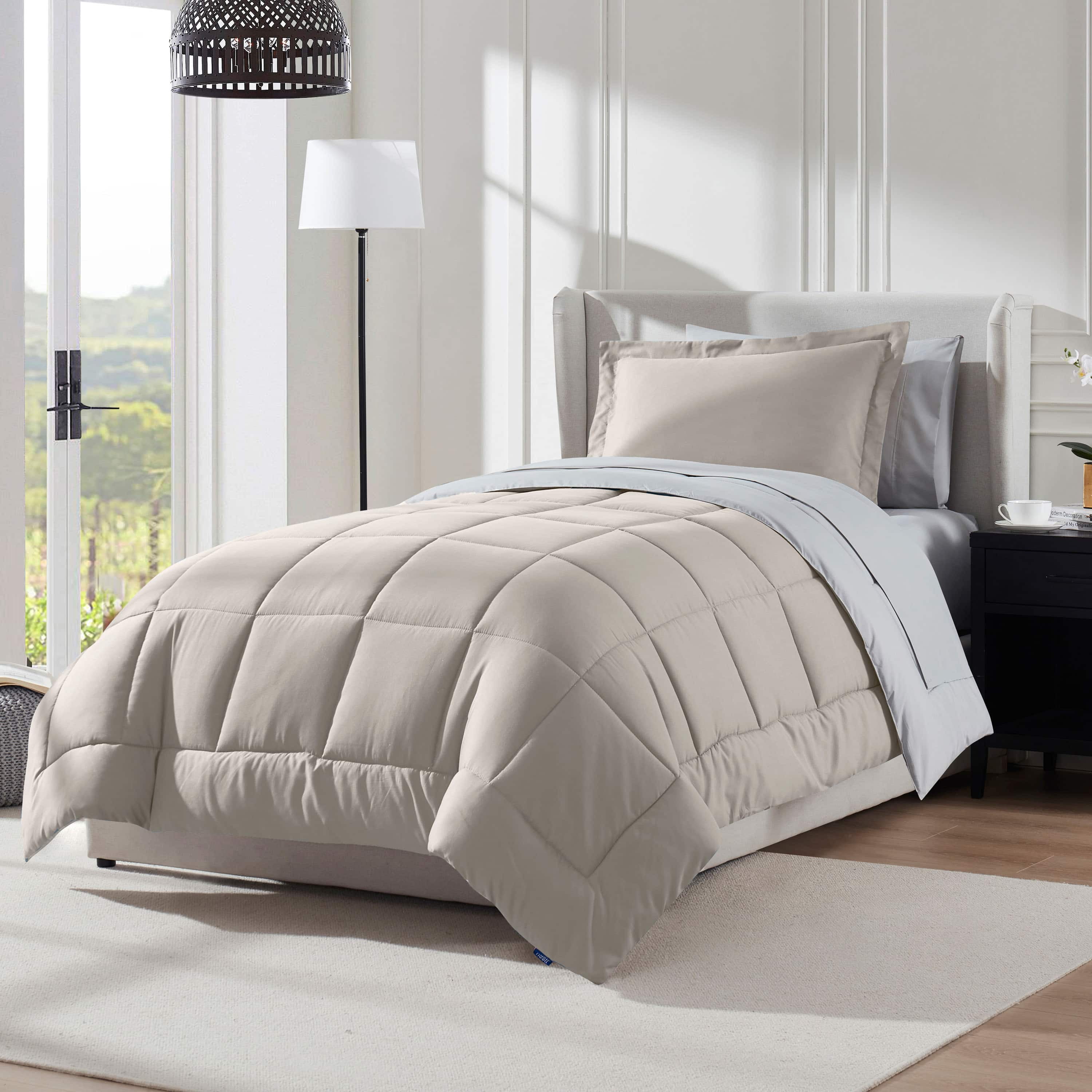LammaLoe Twin Comforter Set, With Sheets, Reversible Bed In A Bag 5 Piece, Bedding Set, Beige