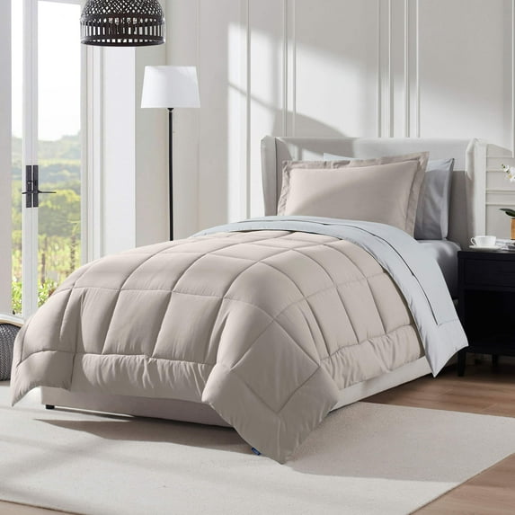LammaLoe Twin Comforter Set, With Sheets, Reversible Bed In A Bag 5 Piece, Bedding Set, Beige