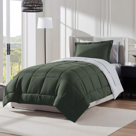 LammaLoe Twin Comforter Set, With Sheets, Reversible Bed In A Bag 5 Piece, Bedding Set, Olive Green