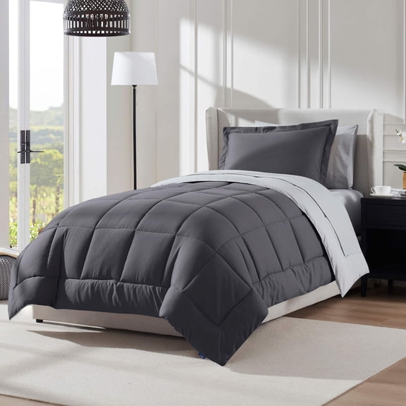 LammaLoe Twin Comforter Set, With Sheets, Reversible Bed In A Bag 5 Piece, Bedding Set, Dark Grey
