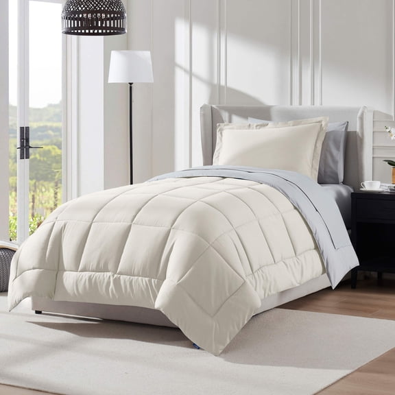 LammaLoe Twin XL Comforter Set, With Sheets, Reversible Bed In A Bag 5 Piece, Bedding Set, Off White