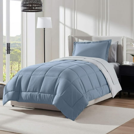 LammaLoe Twin Comforter Set, With Sheets, Reversible Bed In A Bag 5 Piece, Bedding Set, Stone Blue