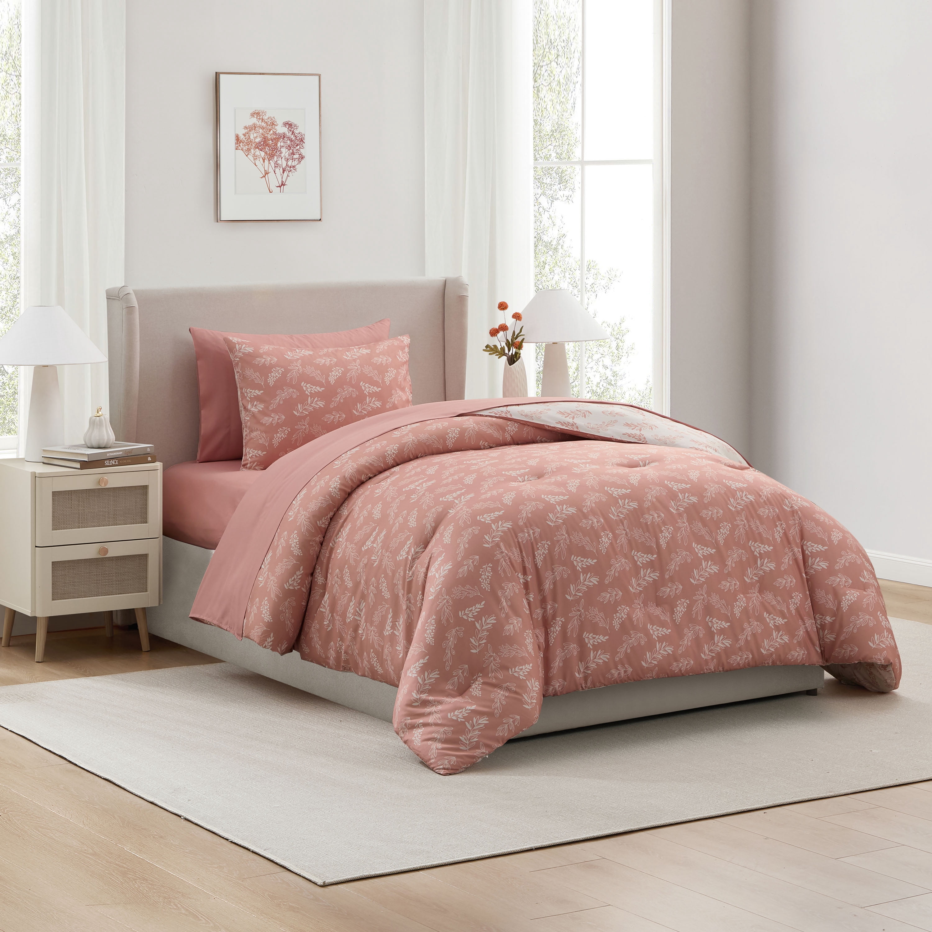 LammaLoe Twin Comforter Sets, 5 Piece Botanical Bed in a Bag, Reversible Bedding Comforter Set with Sheets, Modern Bed Set, Bali Blush/Porcelain Glow