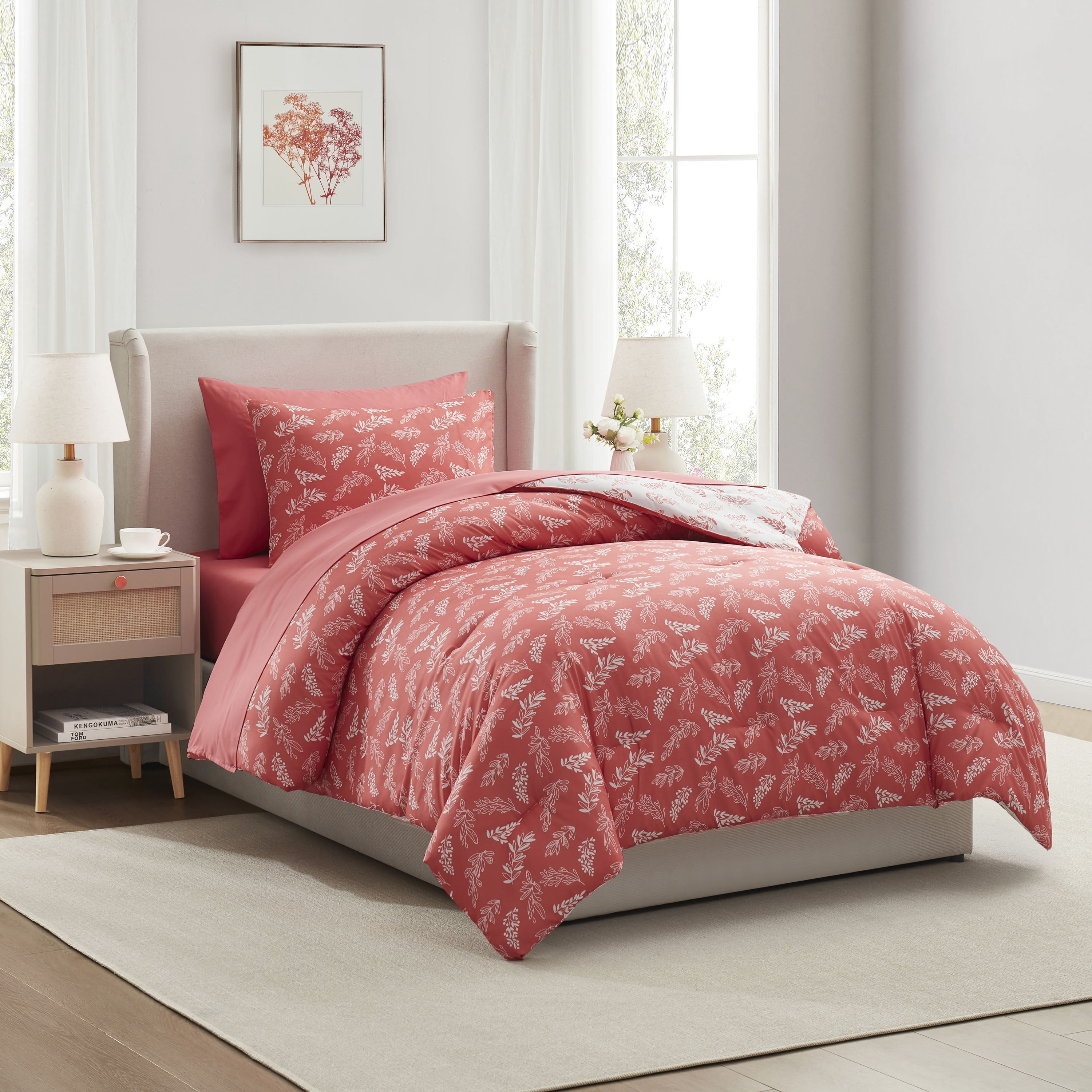 LammaLoe Twin Comforter Sets, 5 Piece Botanical Bed in a Bag, Reversible Bedding Comforter Set with Sheets, Modern Bed Set, Flamingo Pink/Cloudstone