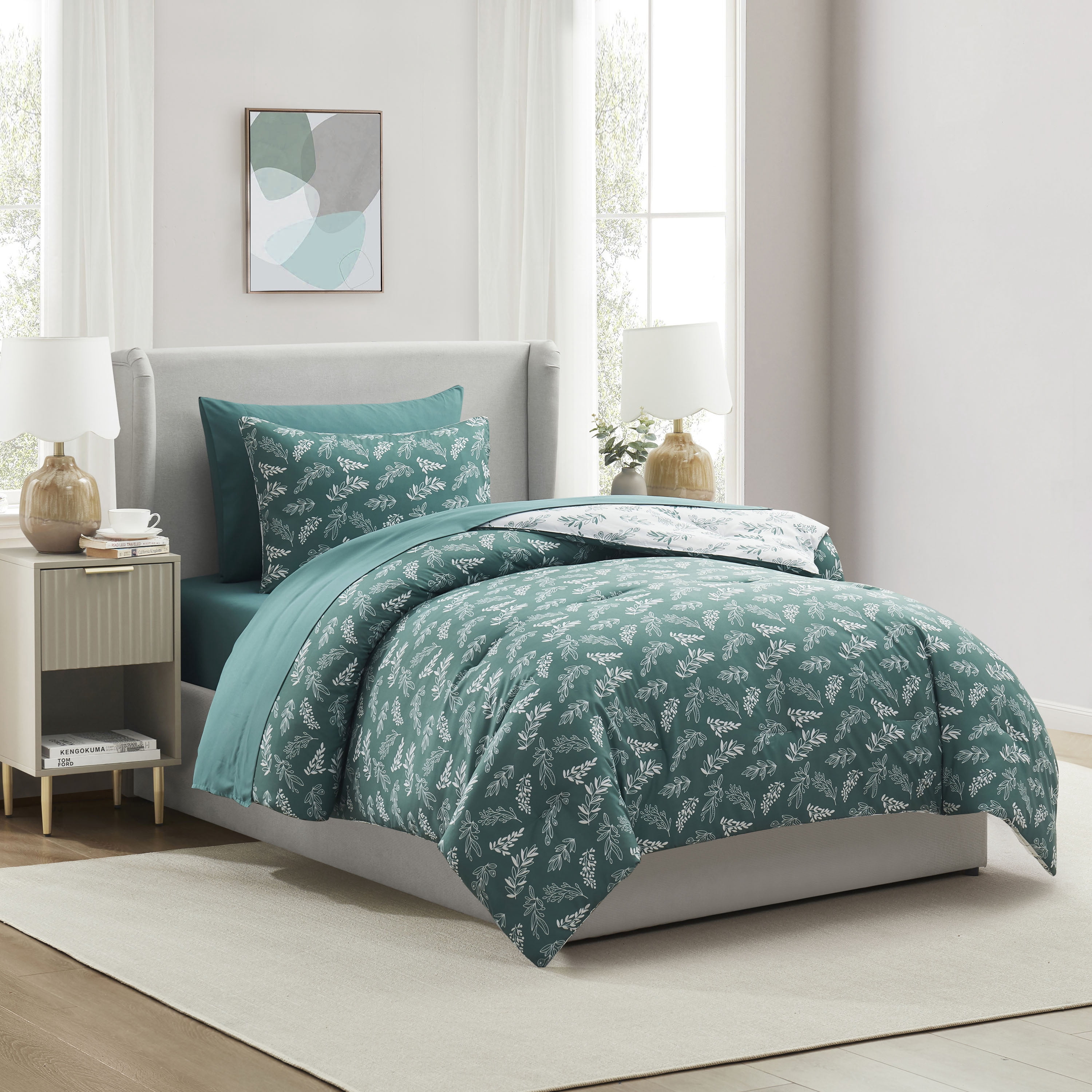 LammaLoe Twin Comforter Sets, 5 Piece Botanical Bed in a Bag, Reversible Bedding Comforter Set with Sheets, Modern Bed Set, Gentle Pine/Cloudstone