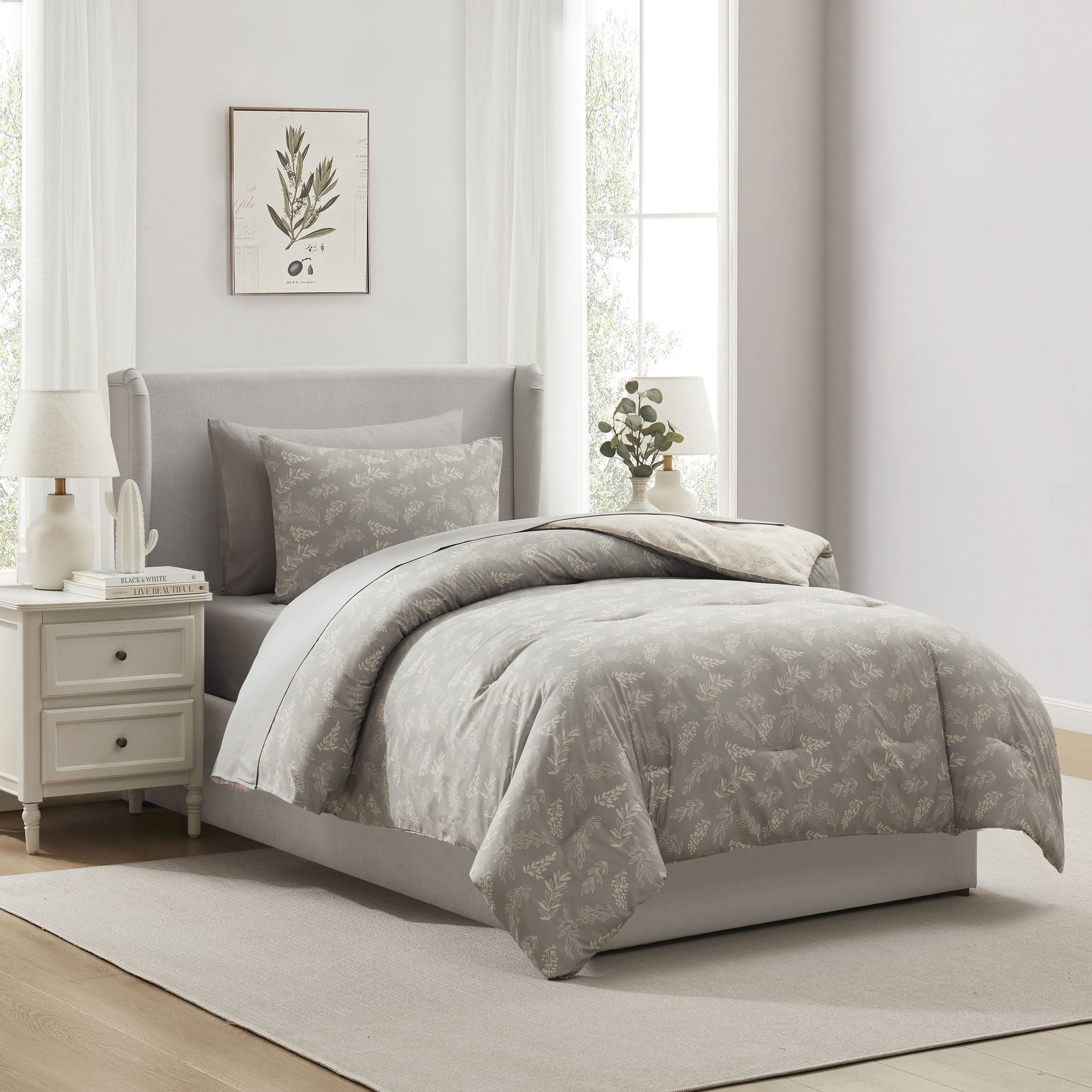 LammaLoe Twin Comforter Sets, 5 Piece Botanical Bed in a Bag, Reversible Bedding Comforter Set with Sheets, Modern Bed Set, Lunar Grey/Pale Champagne