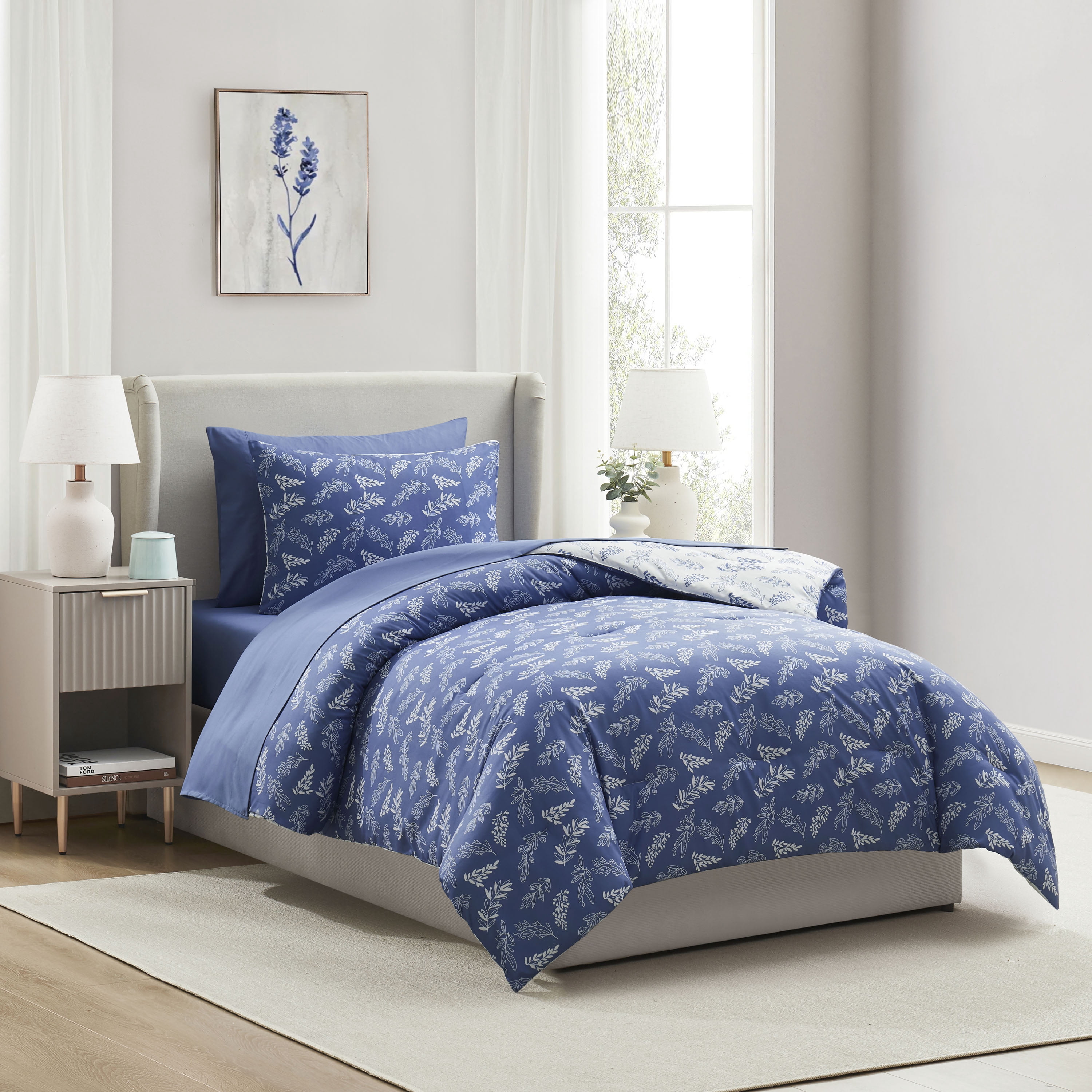 LammaLoe Twin Comforter Sets, 5 Piece Botanical Bed in a Bag, Reversible Bedding Comforter Set with Sheets, Modern Bed Set, StateBlue/Cloud Stone