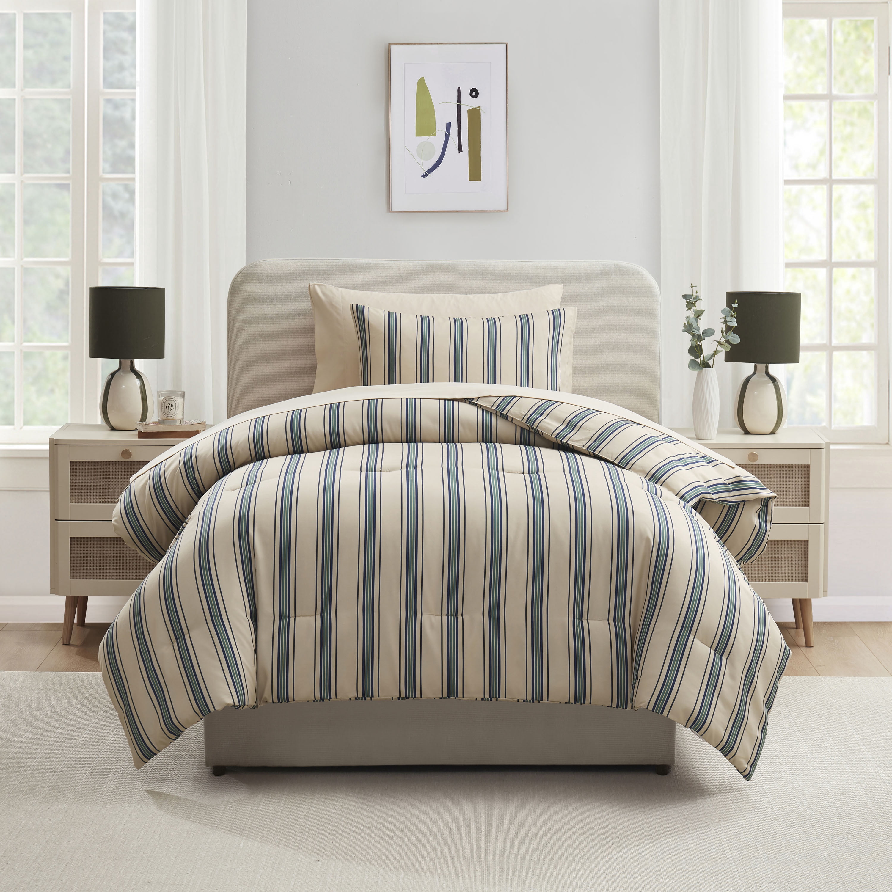 LammaLoe Twin Comforter Sets, 5 Piece Striped Bed in a Bag, Bedding Comforter Set with Sheets, Modern Bed Set, Cream