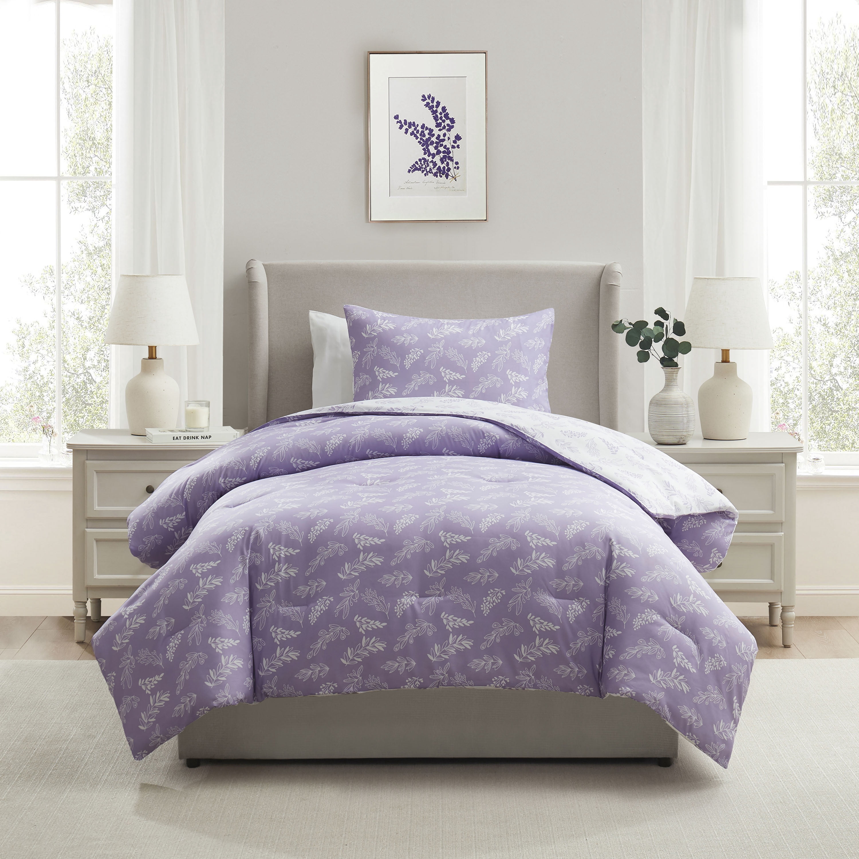 LammaLoe Twin Comforter Sets, 2 Piece Botanical Bed in a Bag, Reversible Bedding Comforter Set with Sheets, Modern Bed Set, Lavender/Off White