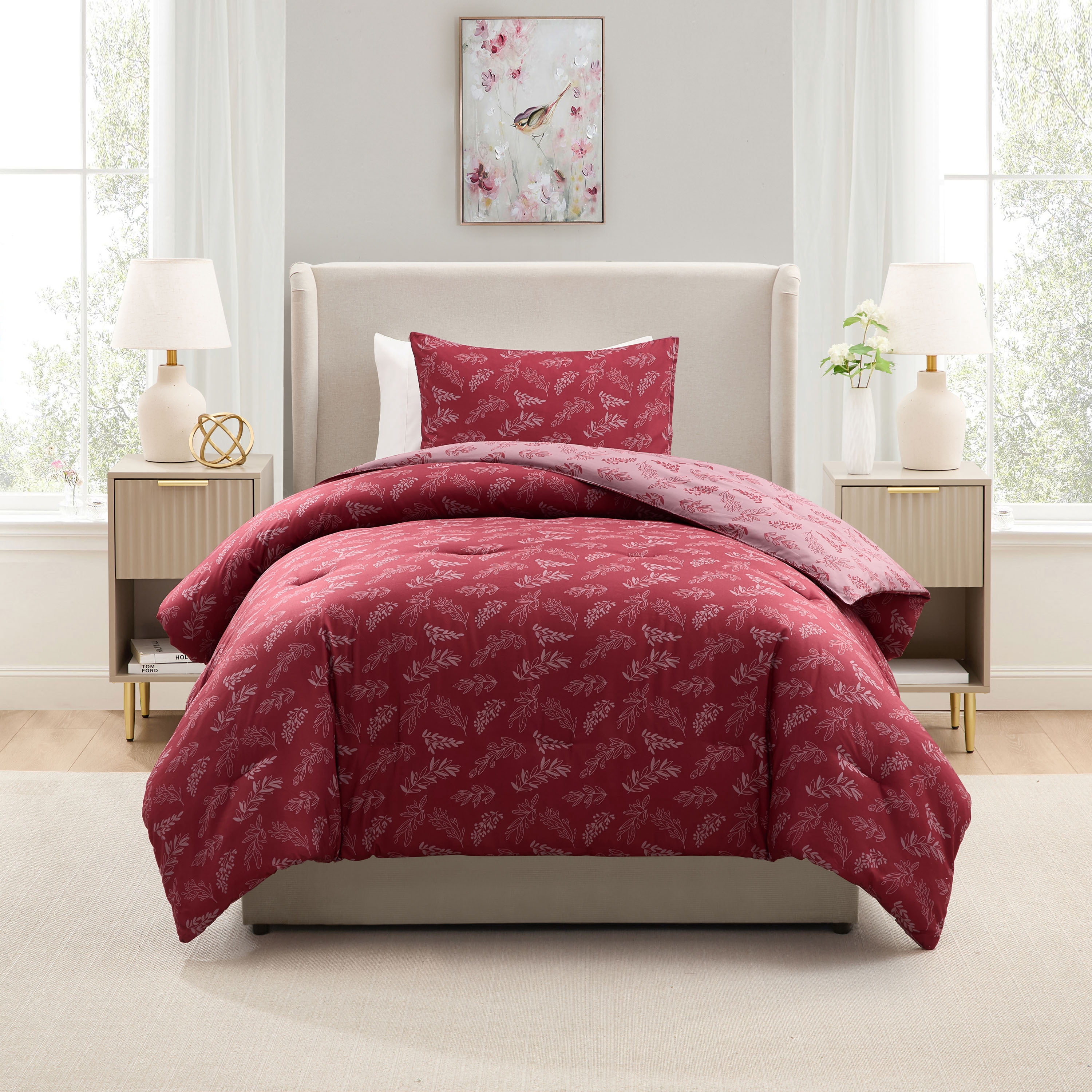 LammaLoe Twin Comforter Sets, 2 Piece Botanical Bed in a Bag, Reversible Bedding Comforter Set with Sheets, Modern Bed Set, Mulberry/Smokey Lavender