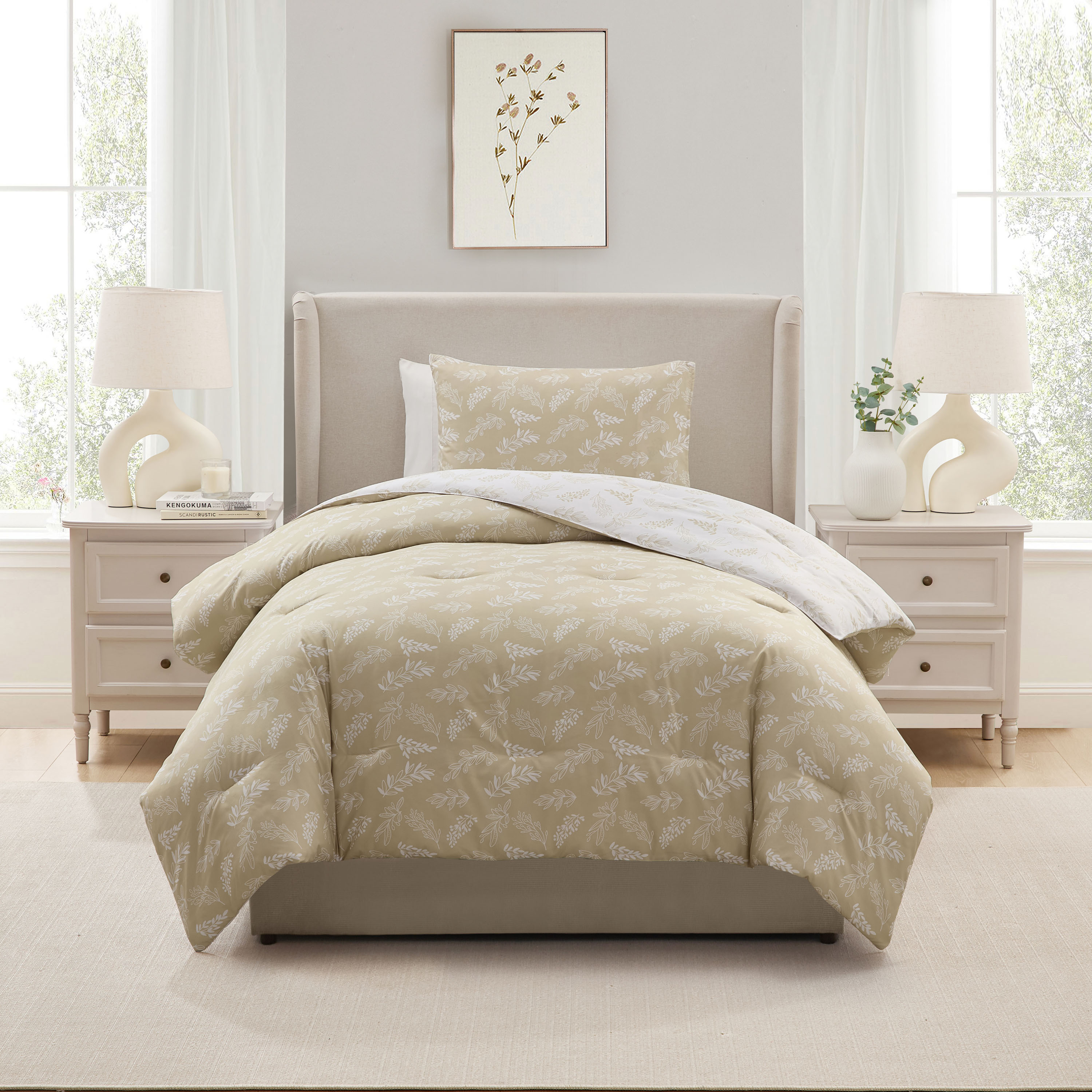 LammaLoe Twin Comforter Sets, 2 Piece Botanical Bed in a Bag, Reversible Bedding Comforter Set with Sheets, Modern Bed Set, Oatmeal/Offwhite