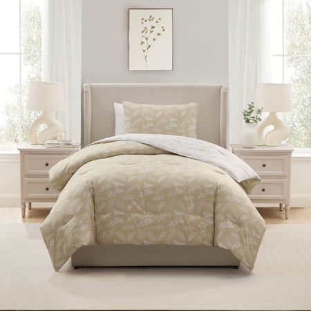 LammaLoe Twin Comforter Sets, 2 Piece Botanical Bed in a Bag, Reversible Bedding Comforter Set with Sheets, Modern Bed Set, Oatmeal/Offwhite