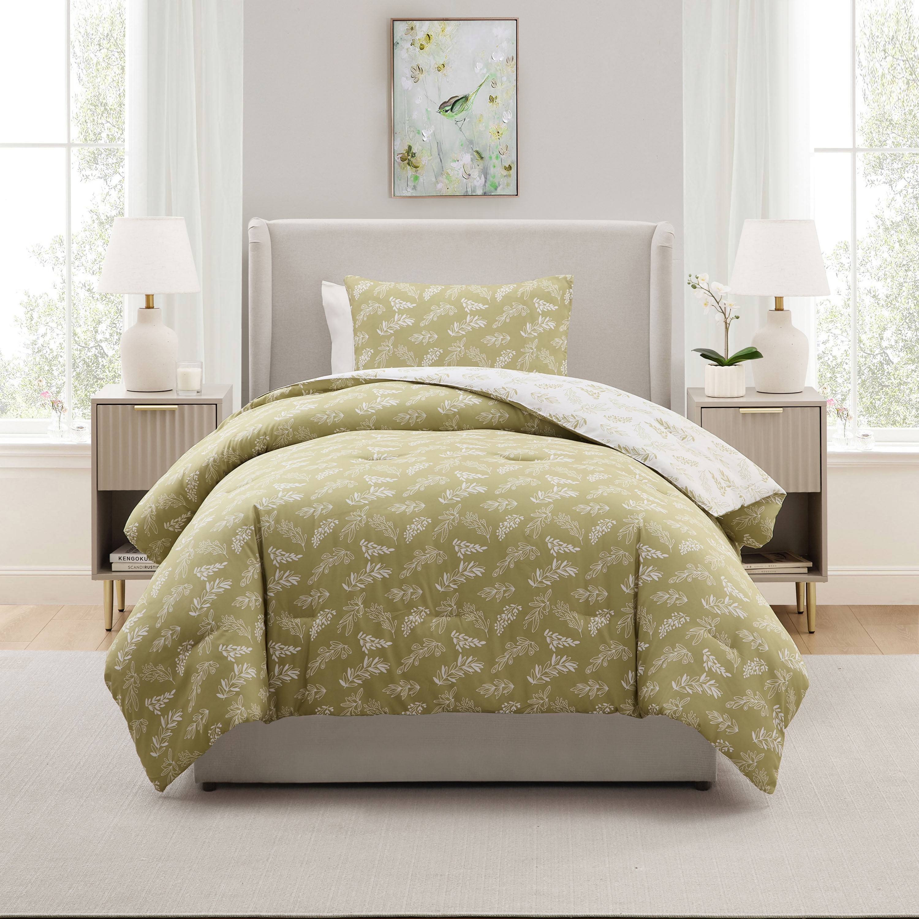 LammaLoe Twin Comforter Sets, 2 Piece Botanical Bed in a Bag, Reversible Bedding Comforter Set with Sheets, Modern Bed Set, Olive Grove/White