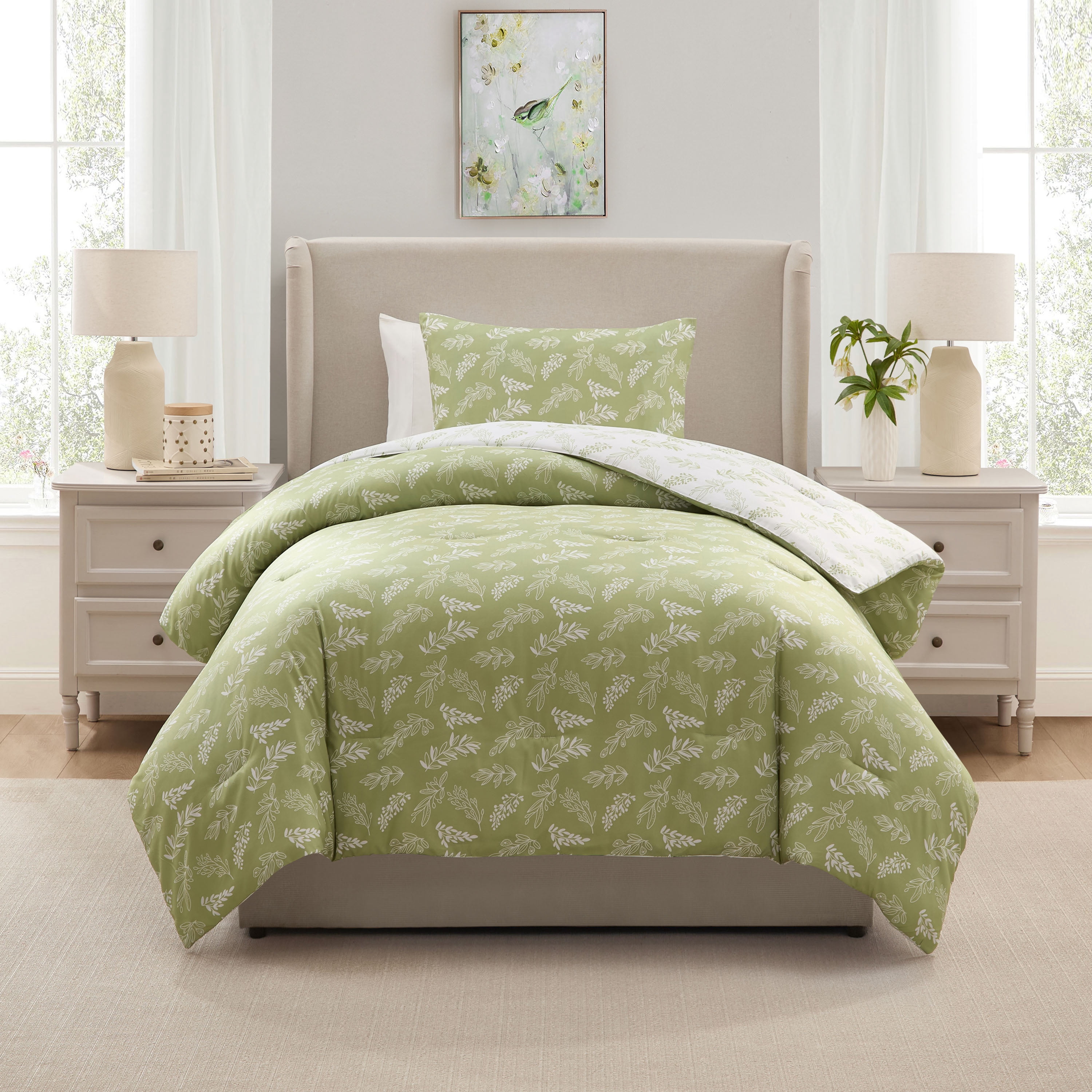 LammaLoe Twin Comforter Sets, 2 Piece Botanical Bed in a Bag, Reversible Bedding Comforter Set with Sheets, Modern Bed Set, Sage Green/Off White