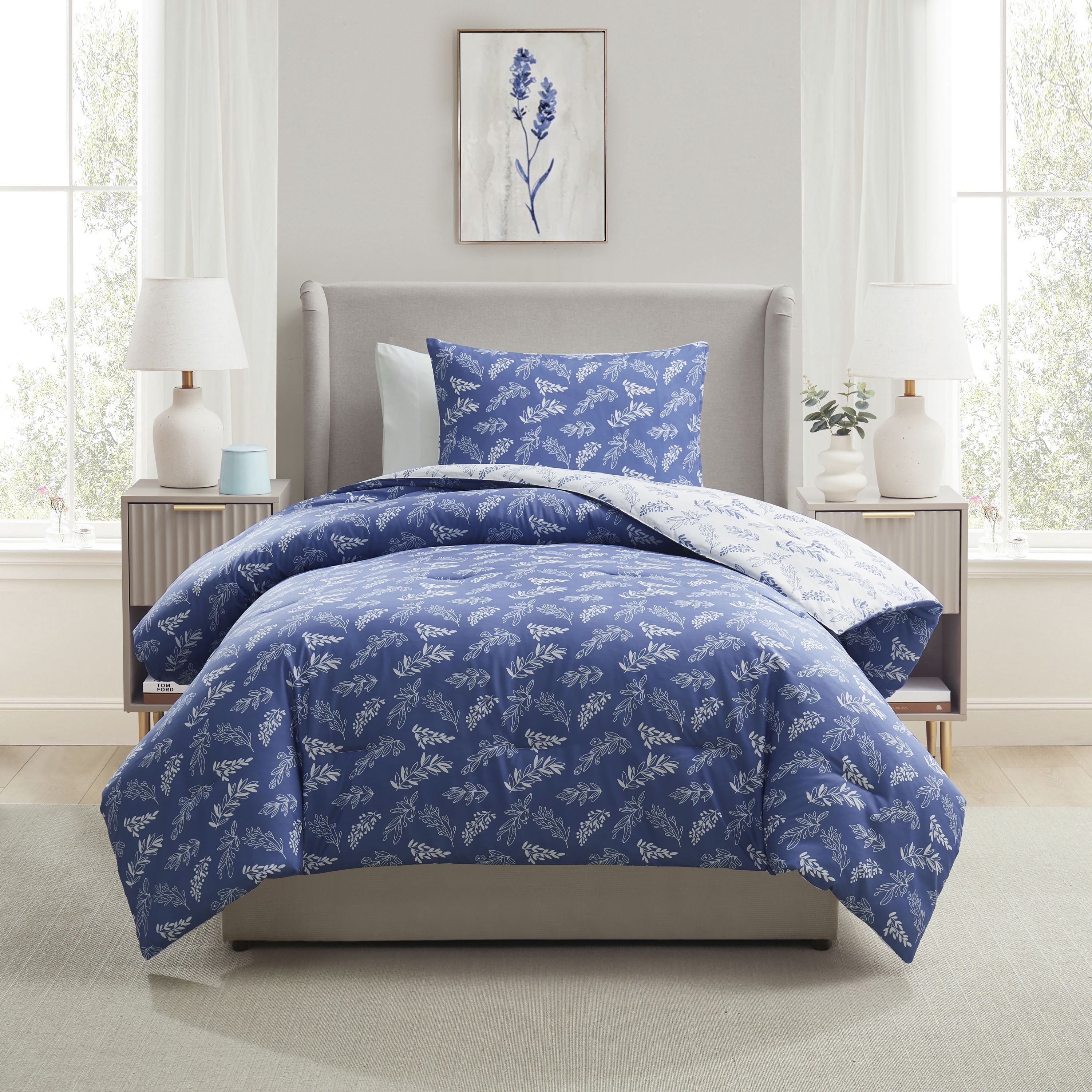 LammaLoe Twin Comforter Sets, 2 Piece Botanical Bed in a Bag, Reversible Bedding Comforter Set with Sheets, Modern Bed Set, Slate Blue/Cloud Stone