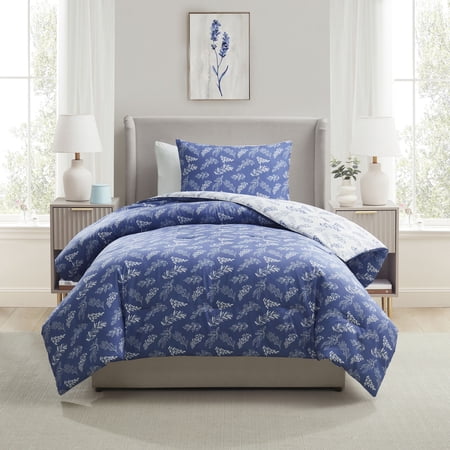 LammaLoe Twin Comforter Sets, 2 Piece Botanical Bed in a Bag, Reversible Bedding Comforter Set with Sheets, Modern Bed Set, Slate Blue/Cloud Stone