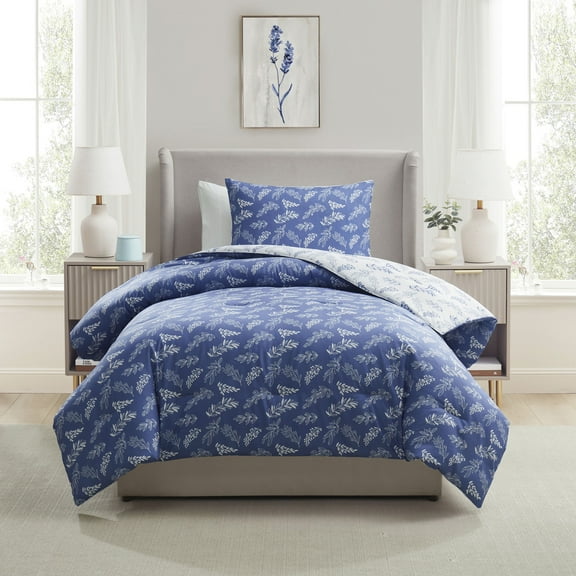 LammaLoe Twin Comforter Sets, 2 Piece Botanical Bed in a Bag, Reversible Bedding Comforter Set with Sheets, Modern Bed Set, Slate Blue/Cloud Stone