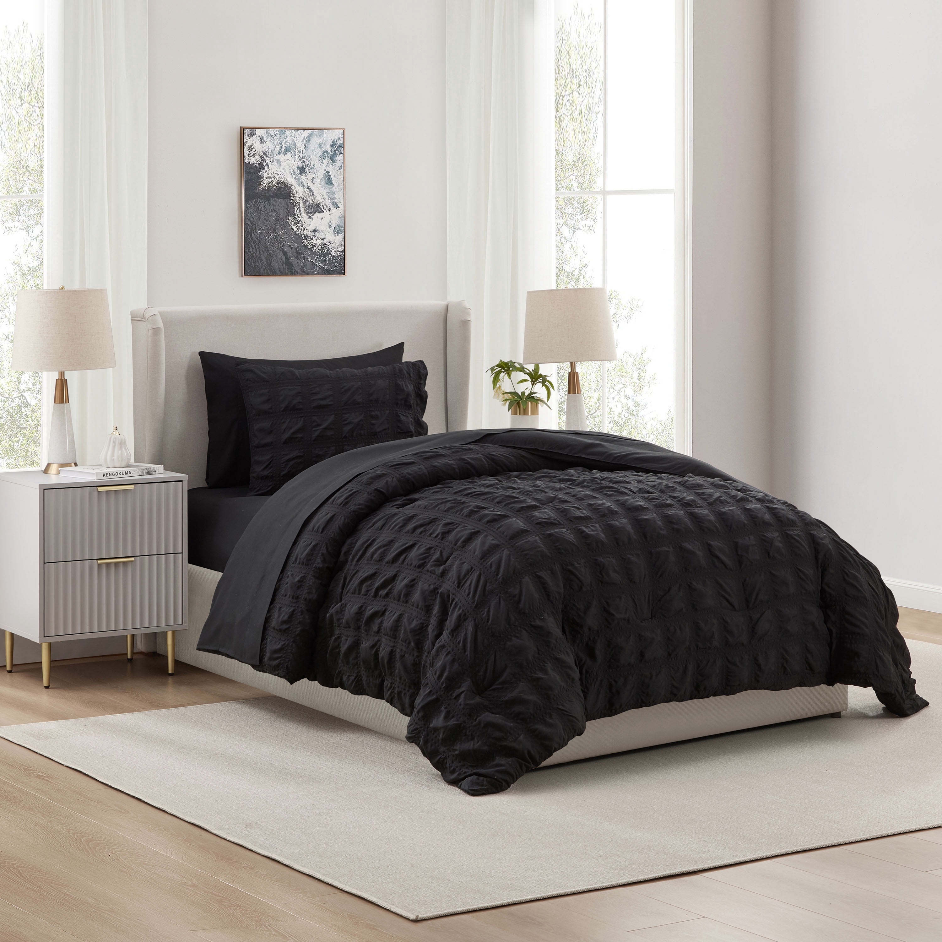 LammaLoe Twin Comforter Sets, 7 Piece Seersucker Bed in a Bag, Bedding Comforter Set with Sheets, Modern Bed Set, Black