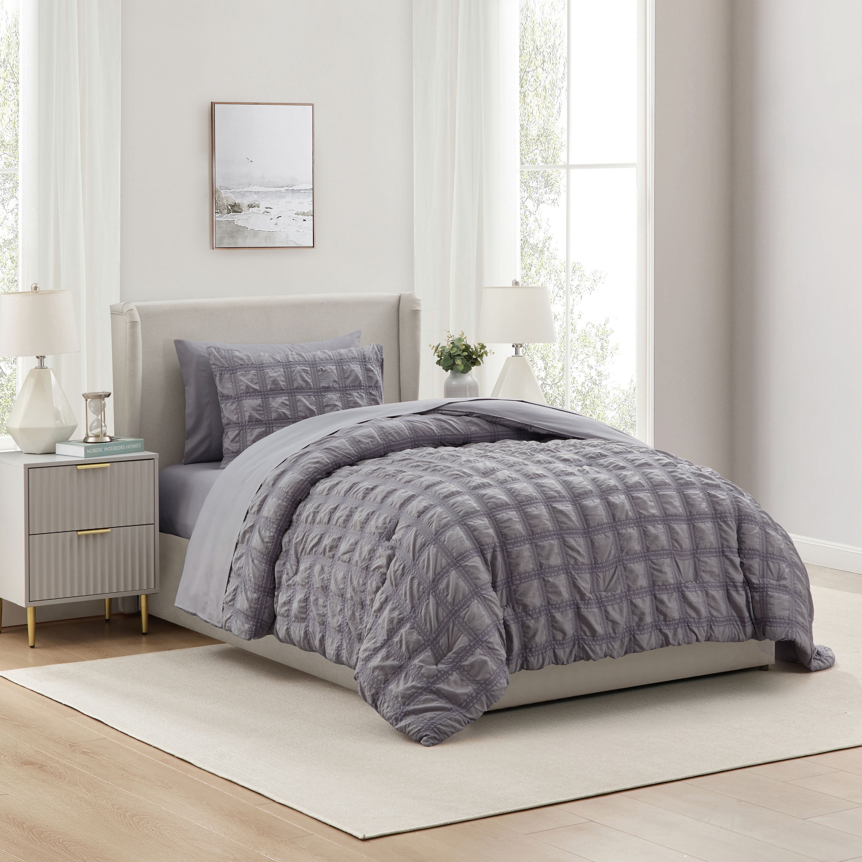 LammaLoe Twin Comforter Sets, 7 Piece Seersucker Bed in a Bag, Bedding Comforter Set with Sheets, Modern Bed Set, Gray