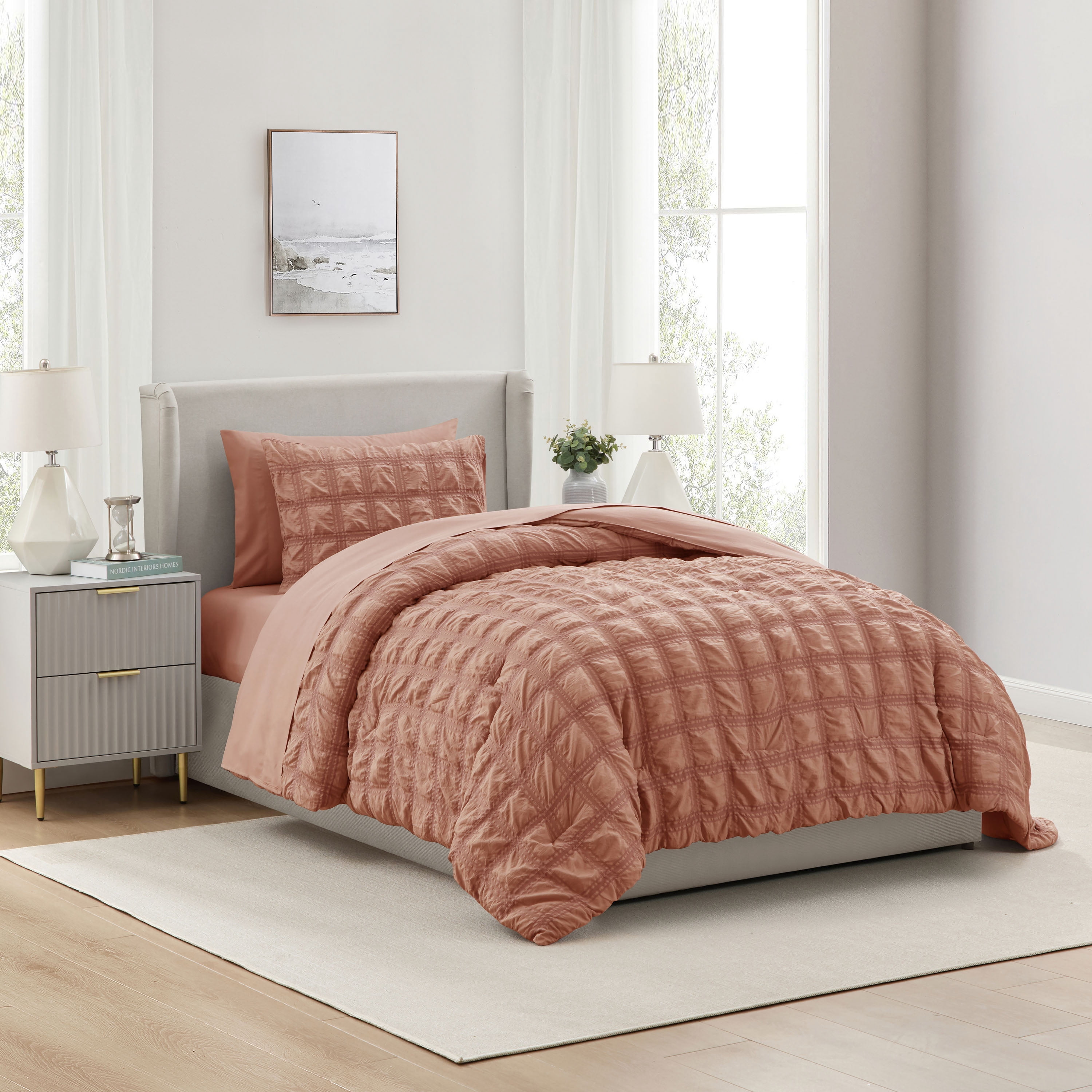LammaLoe Twin Comforter Sets, 7 Piece Seersucker Bed in a Bag, Bedding Comforter Set with Sheets, Modern Bed Set, Mocha Brown