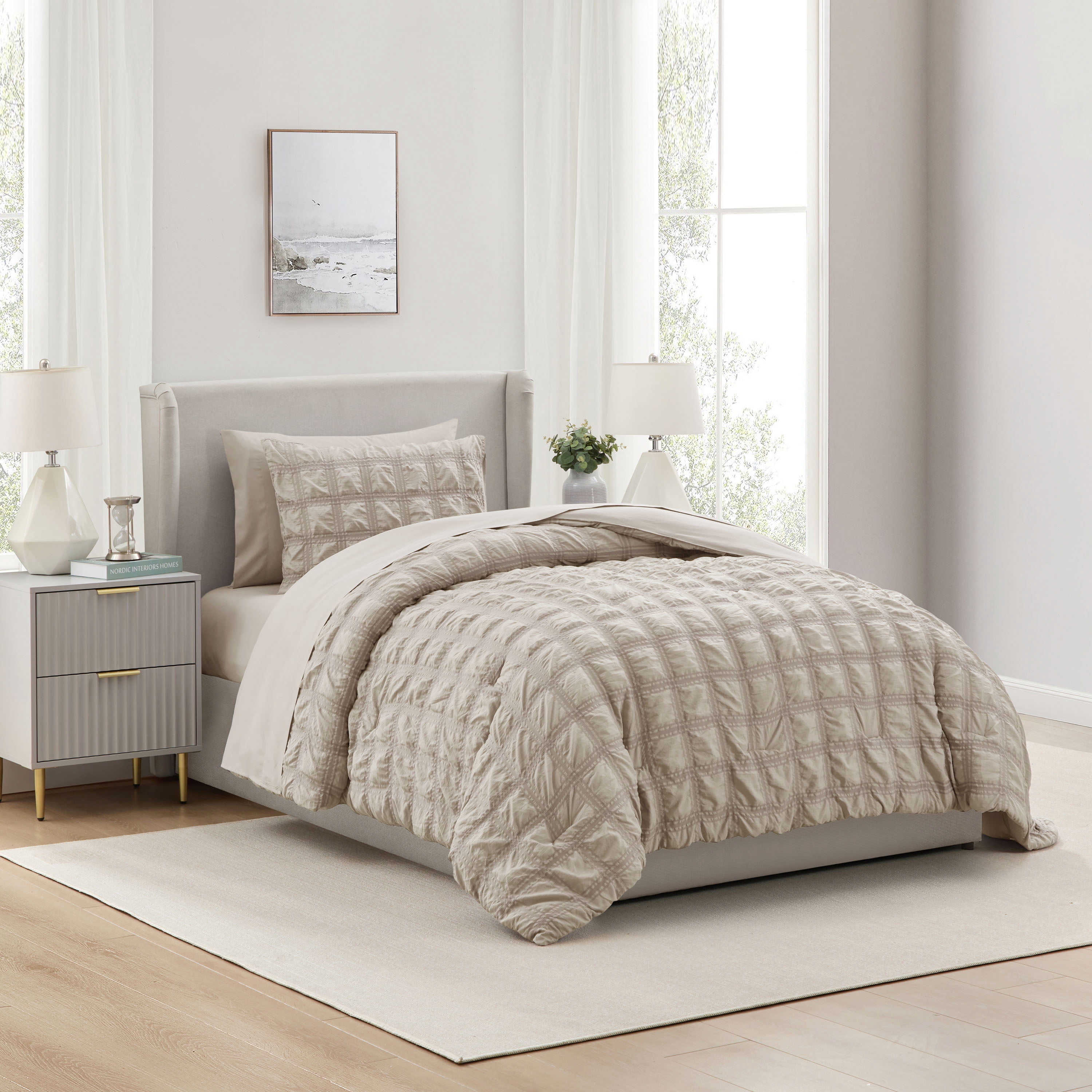 LammaLoe Twin Comforter Sets, 7 Piece Seersucker Bed in a Bag, Bedding Comforter Set with Sheets, Modern Bed Set, Oatmeal