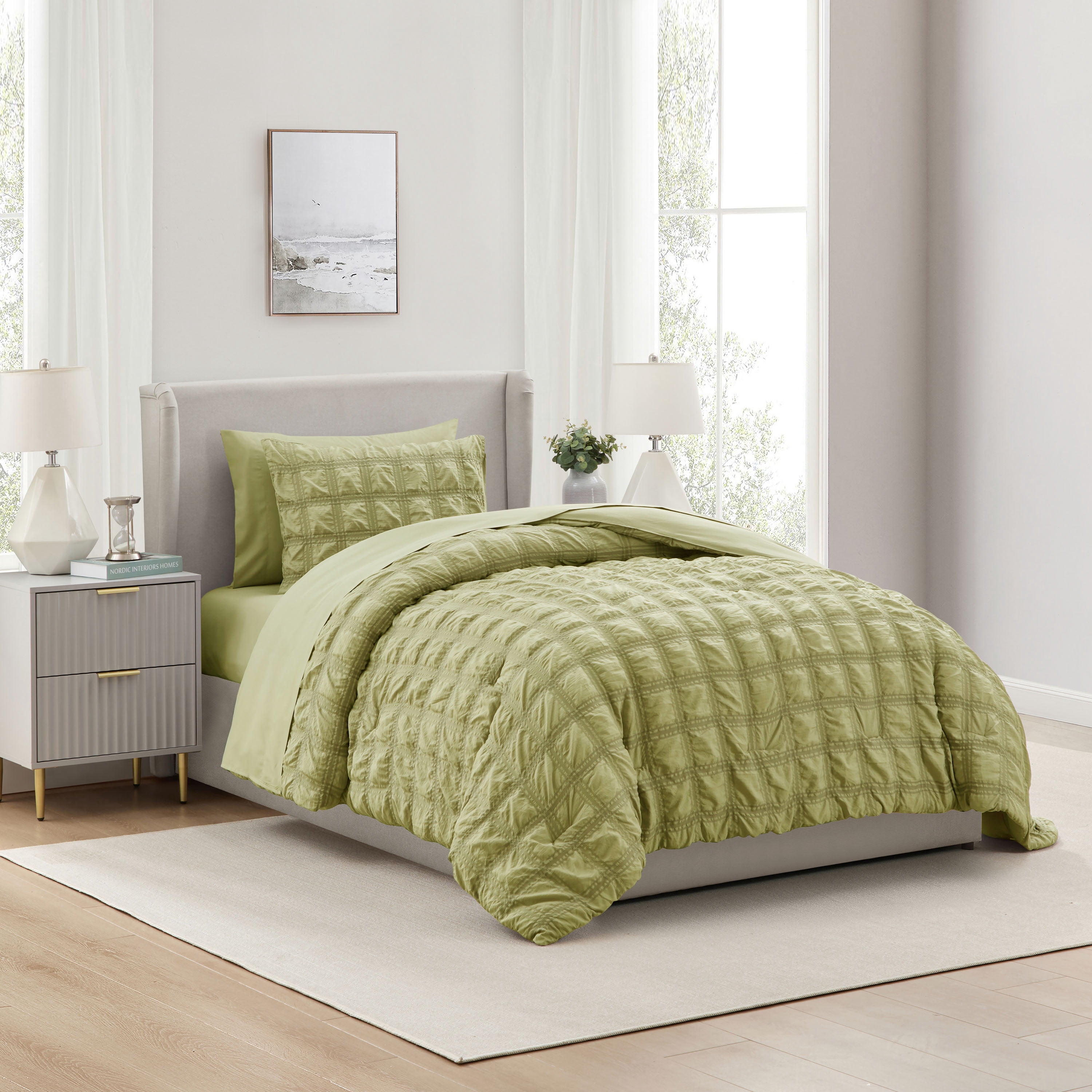 LammaLoe Twin Comforter Sets, 7 Piece Seersucker Bed in a Bag, Bedding Comforter Set with Sheets, Modern Bed Set, Olive Green