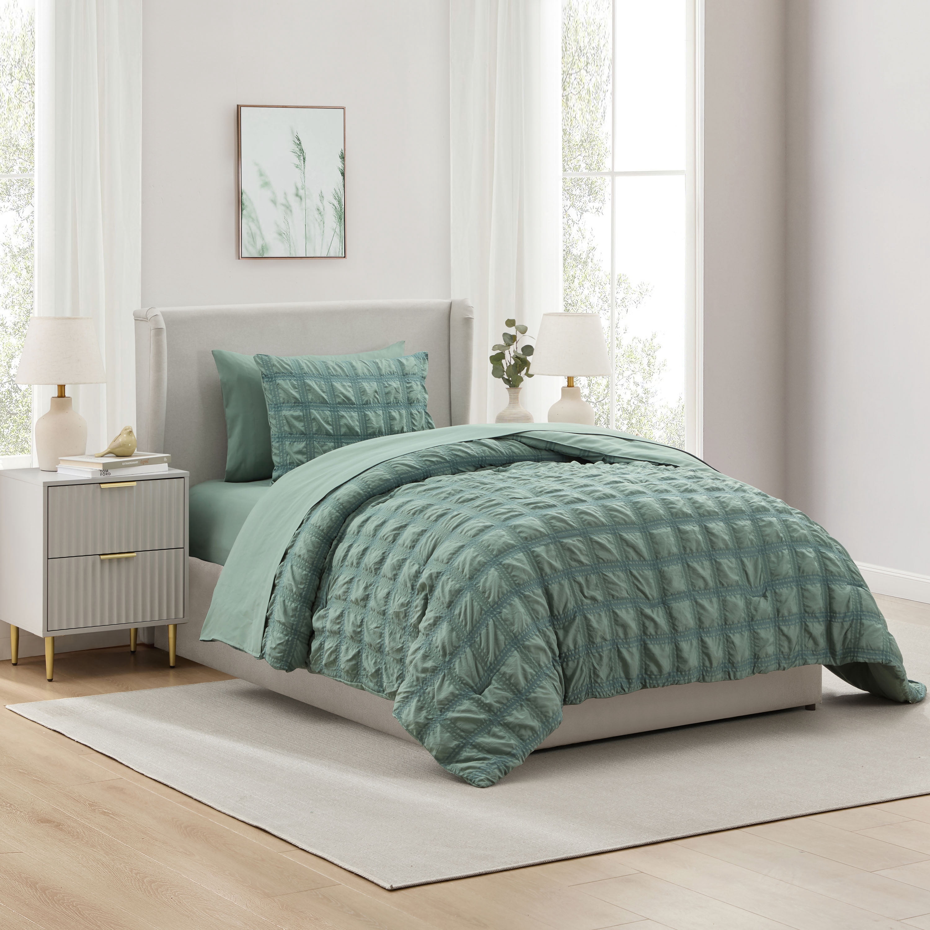 LammaLoe Twin Comforter Sets, 7 Piece Seersucker Bed in a Bag, Bedding Comforter Set with Sheets, Modern Bed Set, Sage Green