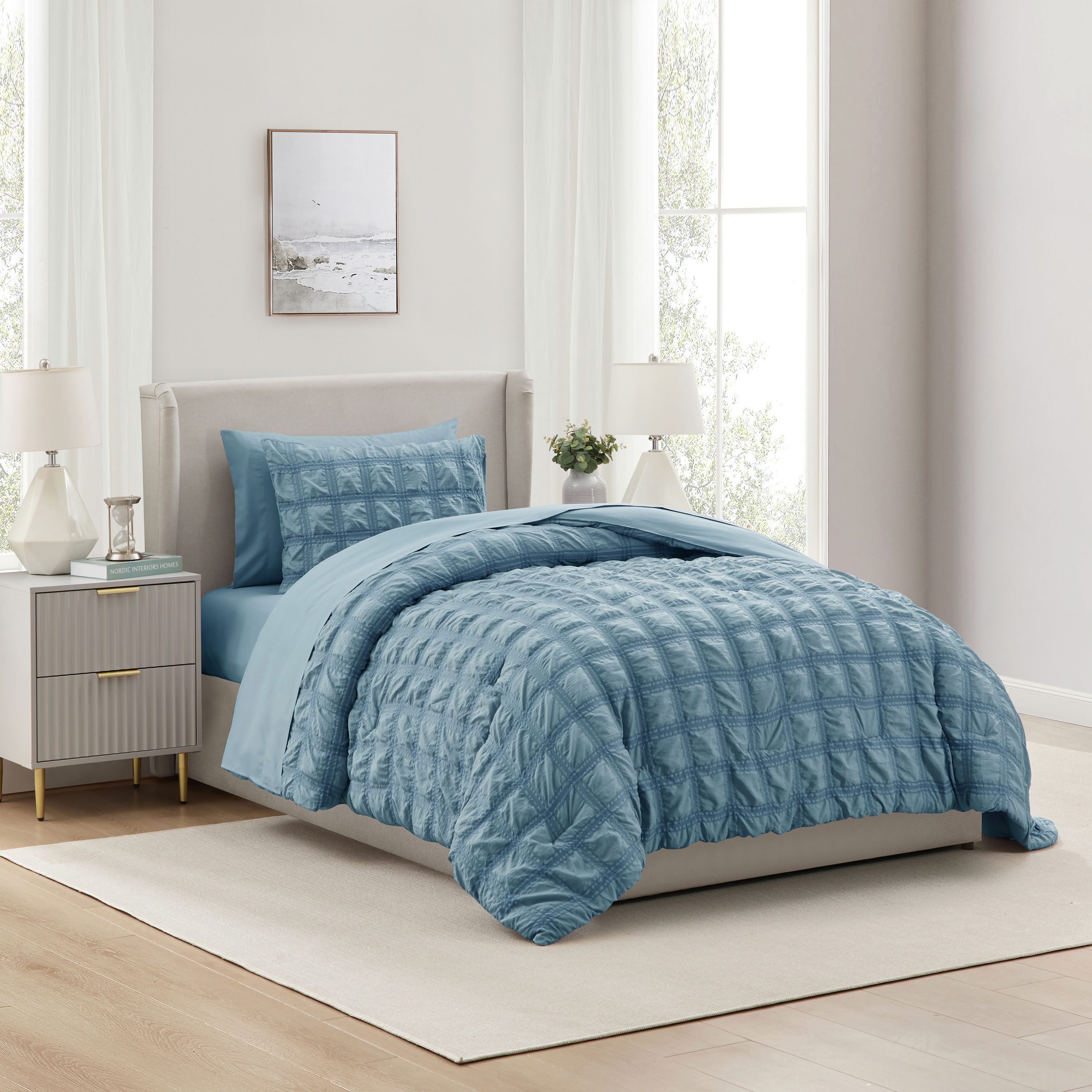 LammaLoe Twin Comforter Sets, 7 Piece Seersucker Bed in a Bag, Bedding Comforter Set with Sheets, Modern Bed Set, Stone Blue