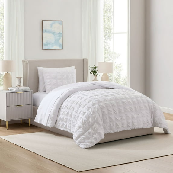 LammaLoe Twin Comforter Sets, 7 Piece Seersucker Bed in a Bag, Bedding Comforter Set with Sheets, Modern Bed Set, White