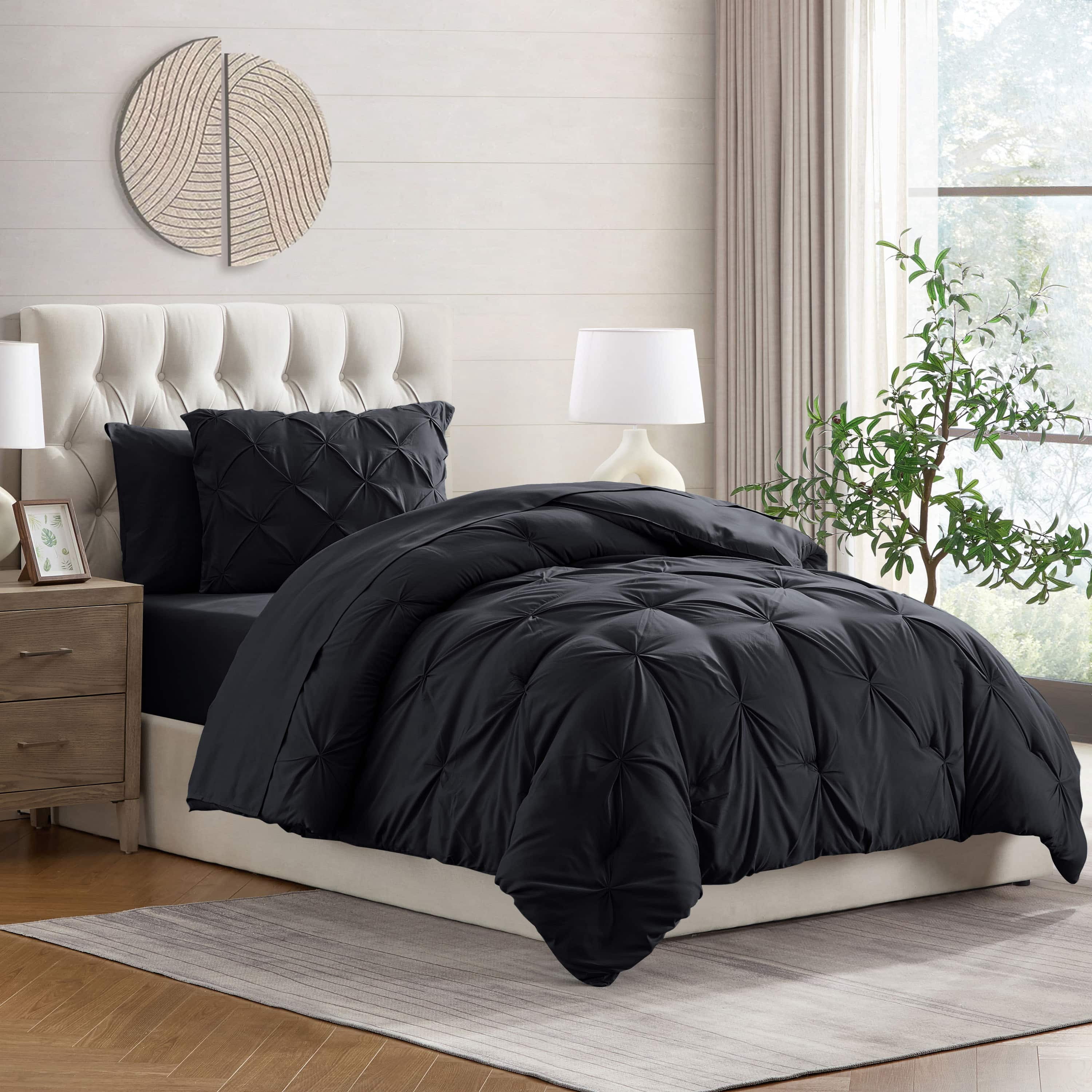 LammaLoe Twin XL Comforter Sets, 5 Piece Bed In A Bag Pintuck Bedding Sets, BLK