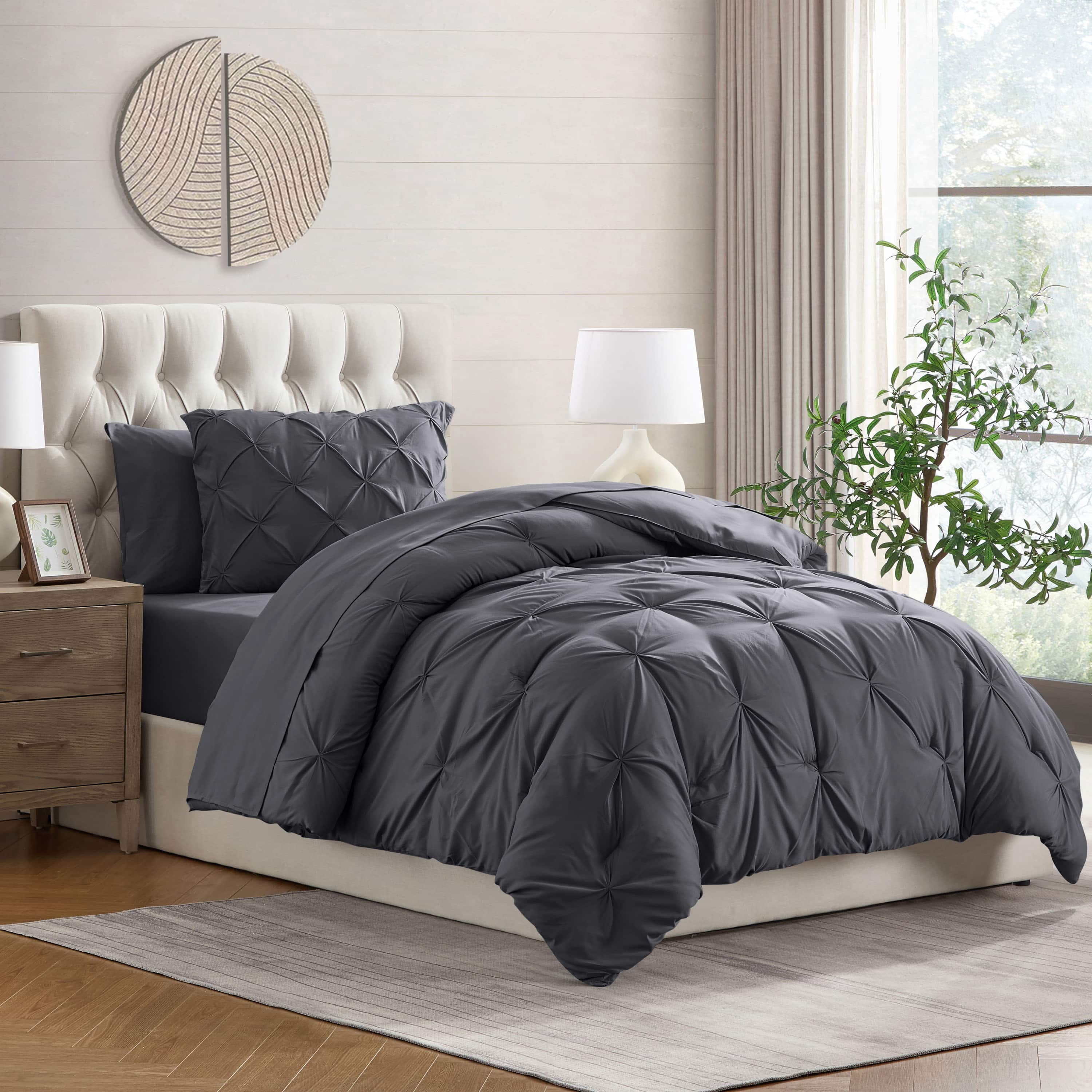 LammaLoe Twin XL Comforter Sets, 5 Piece Bed In A Bag Pintuck Bedding Sets, Dark Grey