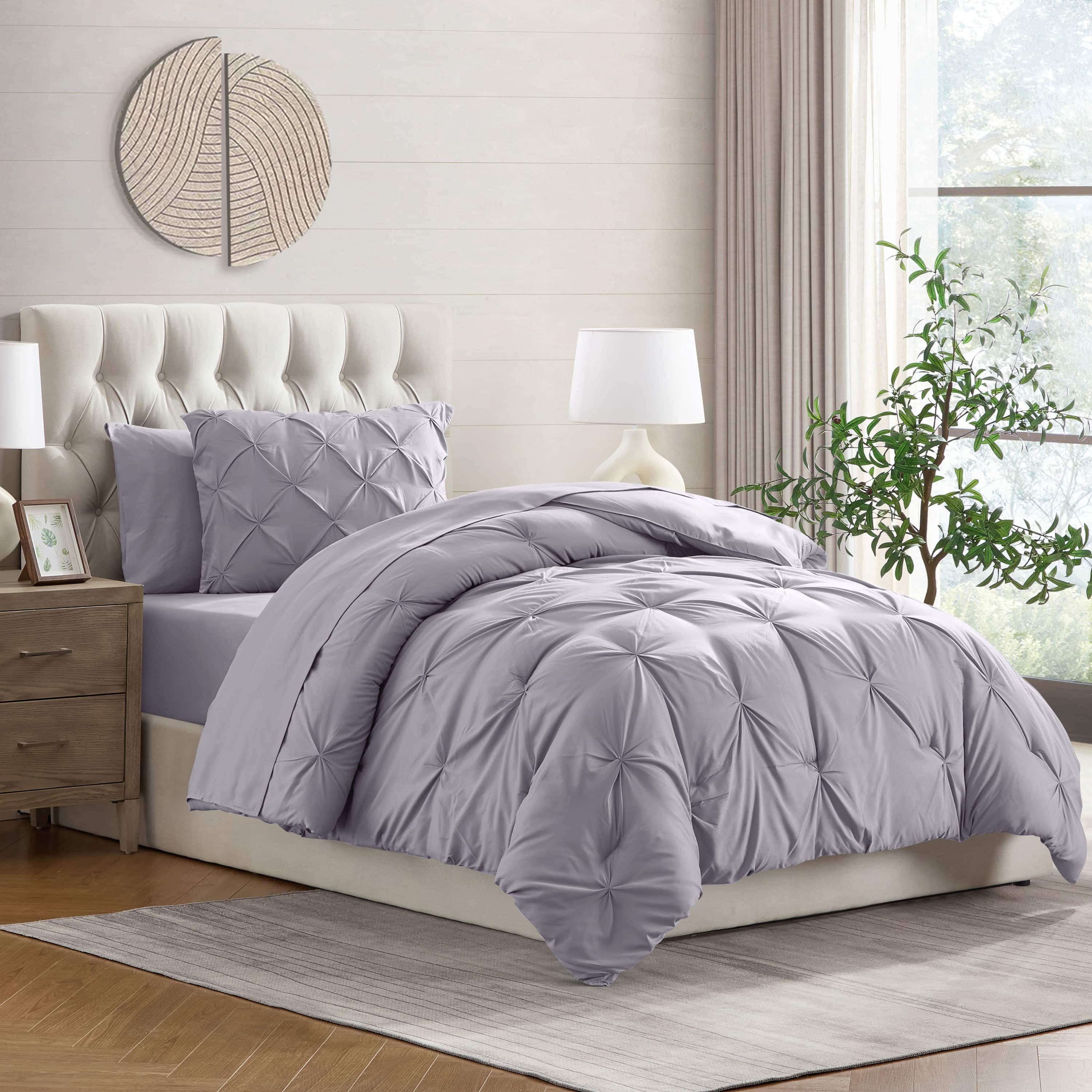 LammaLoe Twin XL Comforter Sets, 5 Piece Bed In A Bag Pintuck Bedding Sets, Grayish Lavender